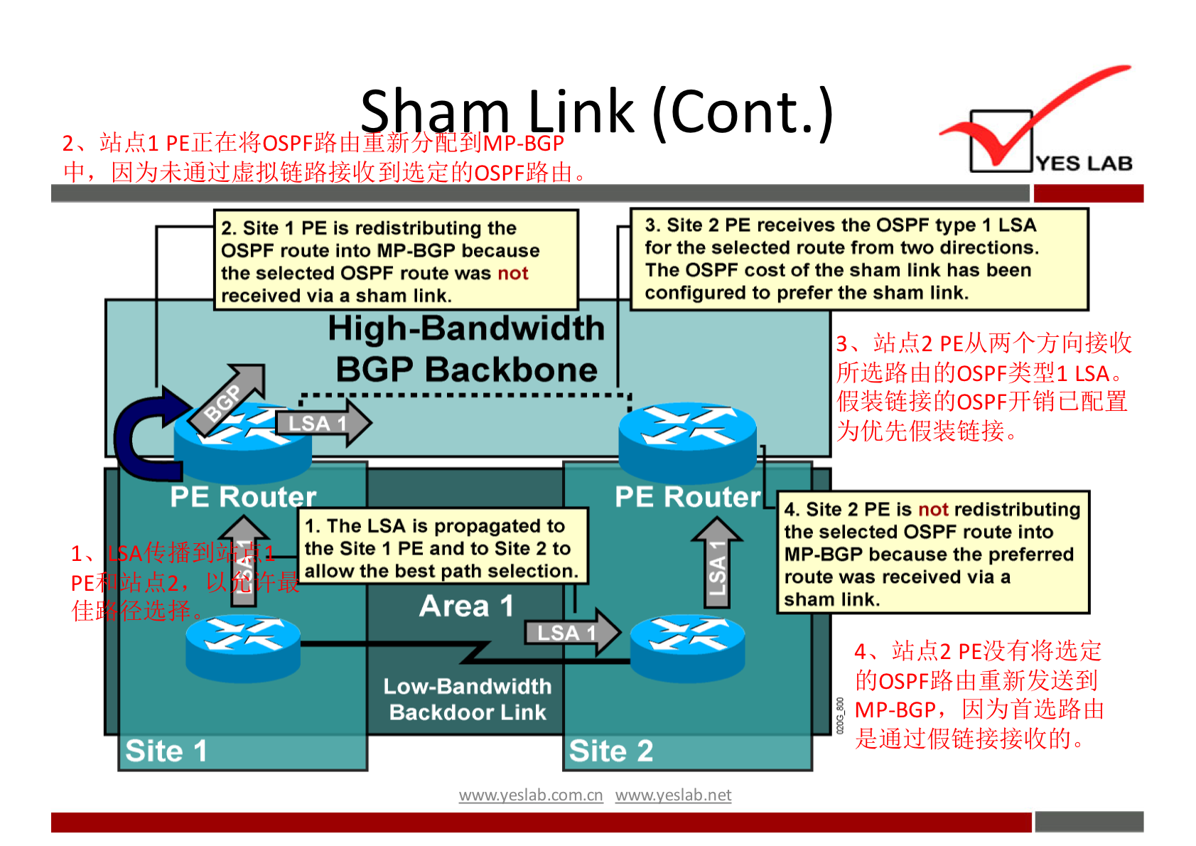 Link (Cont.) 
2. 'IJMP-BGP 
2. Site 1 PE is redistributing the 
OSPF route into MP-BGP because 
the selected OSPF route was not 
received via a sham link. 
High-Bandwidth 
BGP Backbone 
E Router 
1. The LSA is propagated to 
the Site 1 PE and to Site 2 to 
allow the best ath selection. 
YES LAB 
3. Site 2 PE receives the OSPF type 1 LSA 
for the selected route from two directions. 
The OSPF cost of the sham link has been 
configured to prefer the sham link. 
PE Router 
4. Site 2 PE is not redistributing 
the selected OSPF route into 
MP-BGp because the preferred 
route was received via a 
Area 1 
Low-Bandwidth 
Backdoor Link 
Site 2 
wuwveslabnet 
sham link. 
MP-BGP, I*IY'JMjti6E4d 
Site 1 