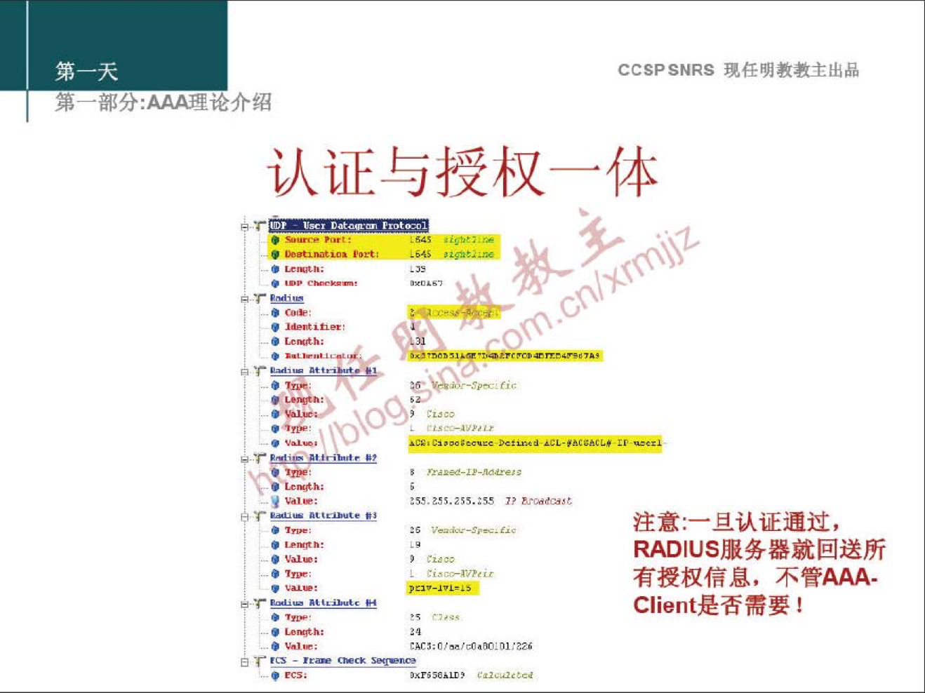 CCSPSNRS 現 样 明 教 教 主 出 品 
第 
分 ： 望 论 介 绍 
认 证 与 授 权 一 体 
注 意 ： 一 旦 认 证 通 过 ， 
RA 创 us 服 务 器 就 回 送 所 
有 授 权 信 息 ， 不 管 AAA- 
Client 是 否 需 要 ！ 
过 000 懌 