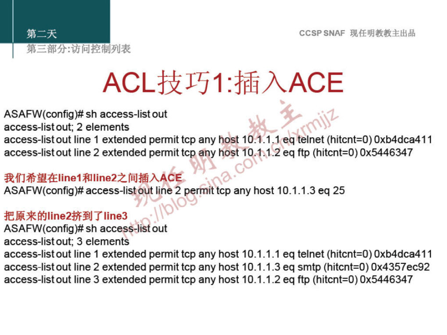 CCSPSNAF 
ASAFW(config)# sh access-list out 
access-listout; 2 elements 
access-listout line 1 extended permit tcp any host 1 '4.1 Teq telnet (hitcnt=O) Oxb4dca411 
access-list out line 2 extended permit tcp any host 10+1.2 eq ftp (hitcnt=O) Ox5446347 
access-list 2 permit tcp any host 10.1.1.3 eq 25 
filine253JTline3 
sh accesS-liSt out 
access-listout; 3 elementS 
access-listout line 1 extended permit tcp any host 10.1.1.1 eq telnet (hitcnt=0) Oxb4dca411 
access-list out line 2 extended permit tcp any host 10.1.1.3 eq smtp (hitcnt=O) Ox4357ec92 
access-list out line 3 extended permit tcp any host 10.1.1.2 eq ftp (hitcnt=O) Ox5446347 