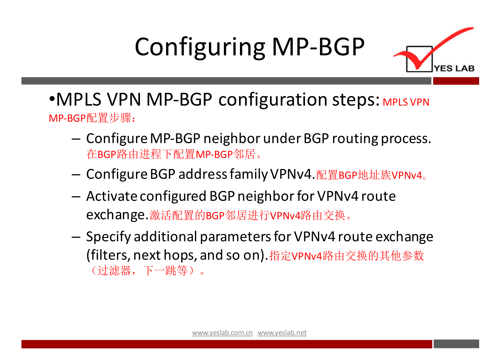 Configuring MP-BGP 
YES LAB 
•MPLS VPN MP-BGP configuration steps: 
MPLS VPN 
MP-BGPNdWYiJk: 
— Configure MP-BGP neighbor under BGP routing process. 
— Configure BGP address family 
— Activate configured BGP neighborforVPNv4 route 
— Specify additional parameters for VPNv4 route exchange 
(filters, next hops, and so on). 
wwwveslabnet 