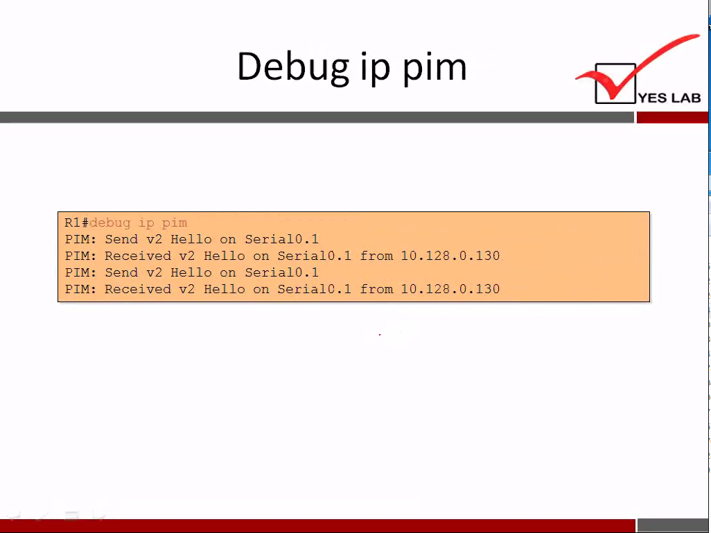 RI #debug ip pim 
Debug ip Pim 
10.128. 0.130 
10.128. 0.130 
YES LAB 
PIM: 
PIM: 
PIM: 
PIM: 
Send v 2 Hello on Serial 0.1 
Received v 2 Hello on Serial 0.1 
Send v 2 Hello on Serial 0.1 
Received v 2 Hello on Serial C.I 