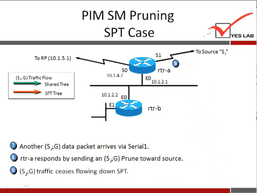 PIM SM Pruning 
SPT Case 
YES LAB 
To Source "S' 
To (10.1.5.1) 
(SS) Traffic Flow 
Shared Tree 
Tree 
so 
10.1.4.2 
10.1.2.2 
EO 
El 
rtr-a 
EO 
10.1.2.1 
rtr-b 
O Another (S F) data packet arrives via Seriall. 
rtr-a responds by sending an (S f) Prune toward source. 
(SiG) traffic ceases flowing down SPT. 