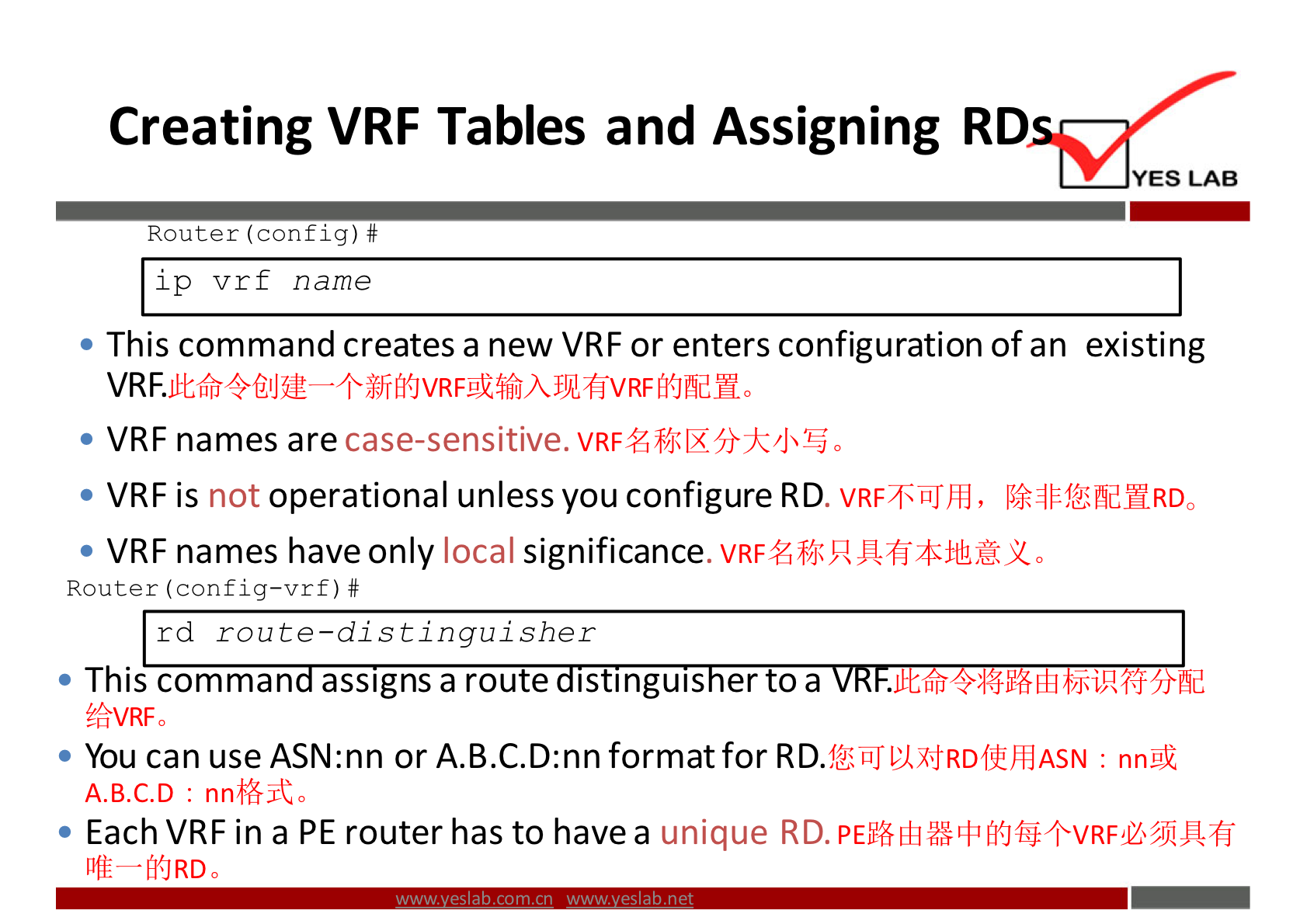 Creating VRF Tables and Assigning RD 
YES LAB 
Router (config) # 
ip v r f name 
• This command creates a new VRF or enters configuration of an existing 
VRr-Jt6ij+@IJu 
• VRF names are case-sensitive. 
operational unless you configure RD. VRF8ijJÆ, 1%4EftifidHRDa 
• VRF is not 
• VRF names have only local significance 
Router (config—vrf) # 
rd route—distinguisher 
• This comman assigns a route Istlngws er to a 
%VRFO 
• You can use ASN:nn or A.B.C.D:nn format for RD. 
A.B.C.D : 
• Each VRF in a PE router has to have a unique RD. 
MJRD 
Phd 