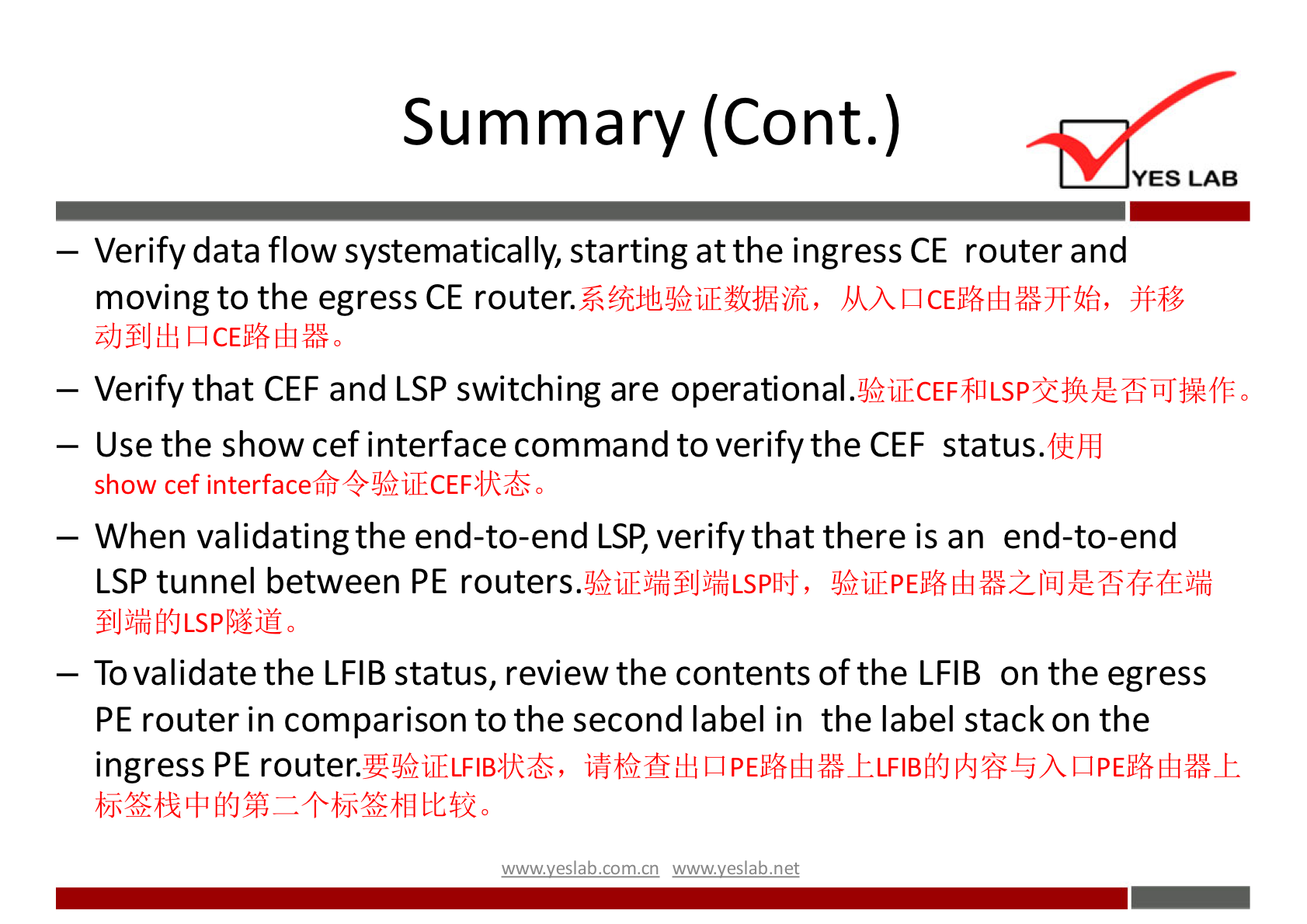 Summary (Cont.) 
YES LAB 
— Verify data flow systematically, starting at the ingress CE router and 
moving to the egress CE router. 
— Verify that CEF and LSP switching are operational. 
— Use the show cef interface command to verify the CEF status.ffhl 
show cef , 
— When validating the end-to-end LSP, verify that there is an end-to-end 
LSP tunnel between PE routers. 
— Tovalidate the LFIB status, review the contents of the LFIB on the egress 
PE router in comparison to the second label in the label stack on the 
ingress PE 