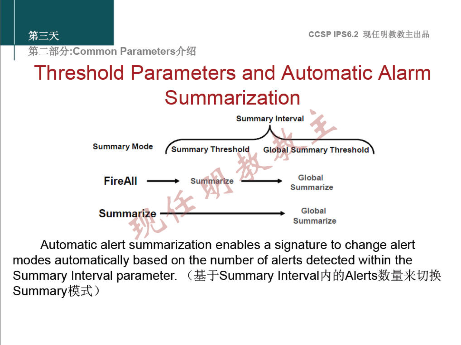 ccsp IPS6.2 EMSfr:Common Parametersfr% Threshold Parameters and Automatic Alarm Summarization Summary Interval Summary Mode Summary Thres FireAll s Summarii? GIOFI Summary Threshold Global Global Summarize Automatic alert summarization enables a signature to change alert modes automatically based on the number of alerts detected within the Summary Interval parameter. Interval 18 Summary"jt ) 