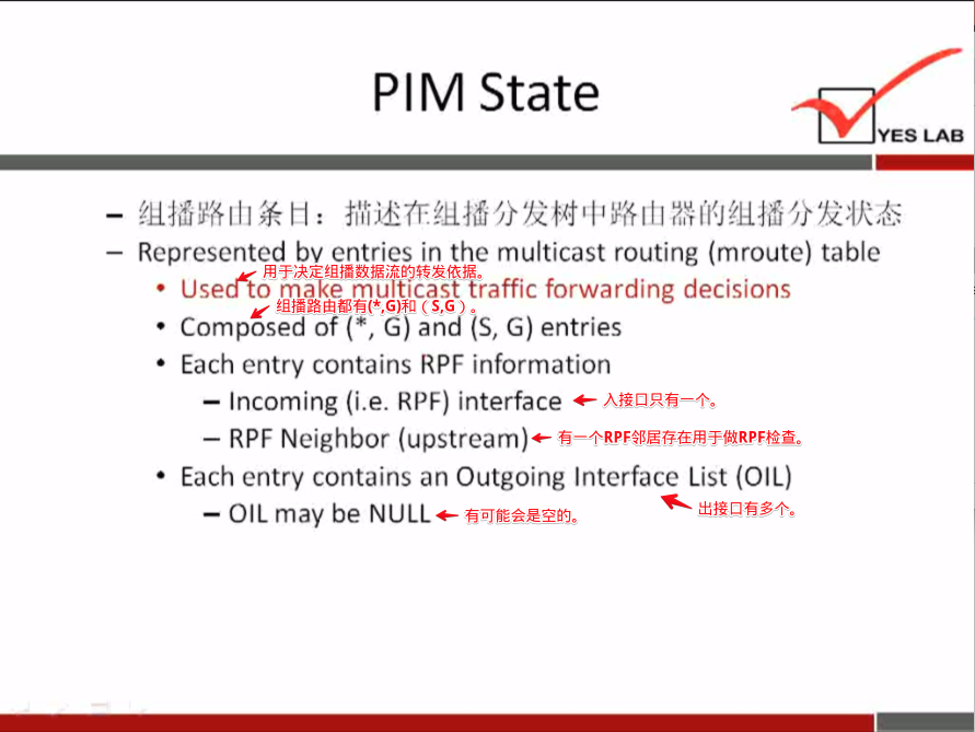 PIM State 
YES LAB 
— Represented bv entries in the multicast routing (mroute) table 
• Usecfio maké muitlcast traffic forwarding decisions 
• Composed of (* G) and (S, G) entries 
• Each entry contains RPF information 
— Incoming (i.e. RPF) interface 
— RPF Neighbor (upstream)«- 
• Each entry contains an Outgoing Interface List (OIL) 
— OIL may be NULL + 