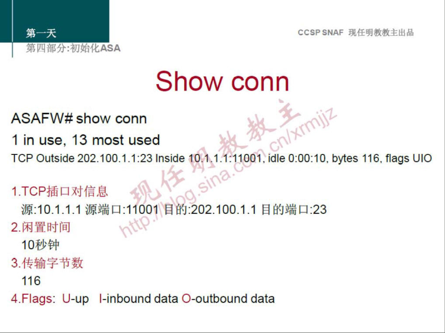 CCSPSNAF 
Show conn 
ASAFW# show conn 
1 in use, 13 most used 
TCP Outside 202.100.1.1:23 Inside 10. 1±11001. idle bytes 116. flags 1310 
M:IO.I.I.I HEU:202.100.1.1 
116 
4.FIags: U-up I-inbound data O-outbound data 