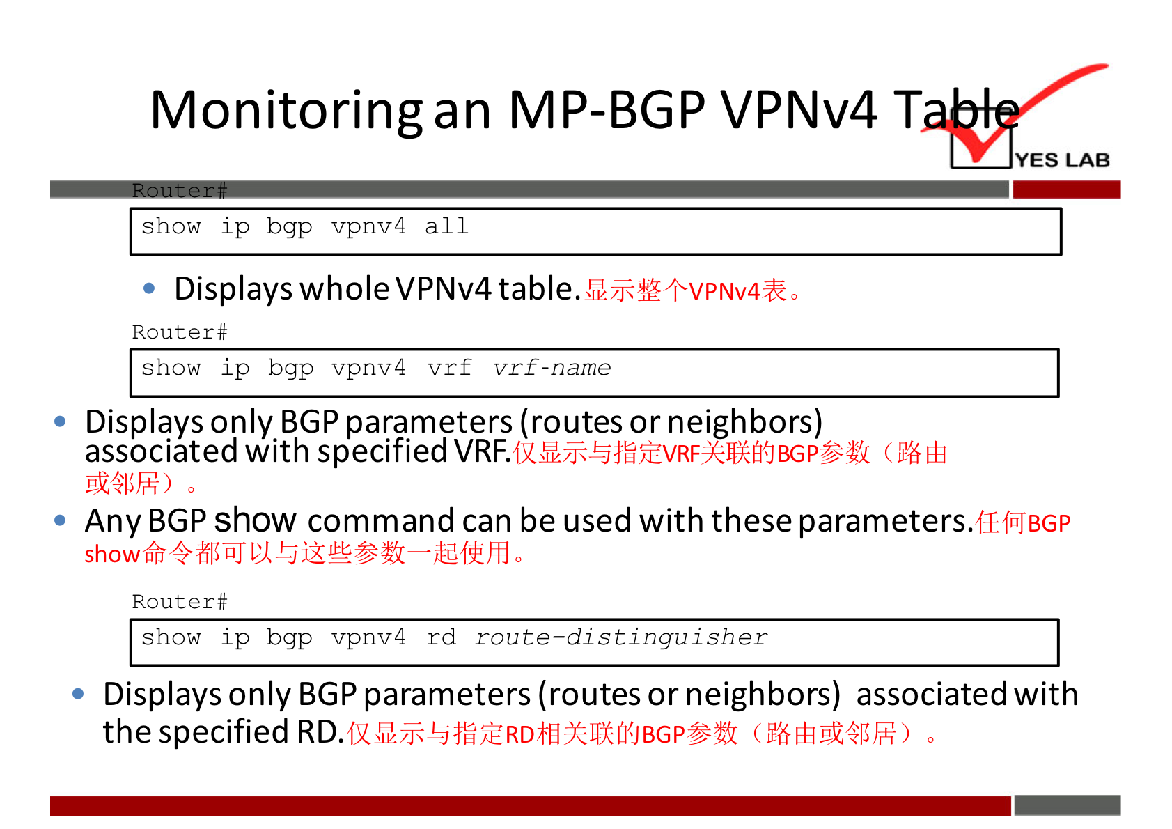 Monitoringan MP-BGP VPNv4 T 
YES LAB 
show ip bgp vpnv4 all 
Displays whole VPNv4 
Router # 
show ip bgp vpnv4 vrf vrf-name 
Displays only BGP parameters (routes or neighbors) 
associated with specified VRF 
Any BGP show command can be used with these parameters. 
fffrJBGP 
Router # 
show ip bgp vpnv4 rd route—distinguisher 
Displays only BGP parameters (routes or neighbors) associated with 
the specified RD. 