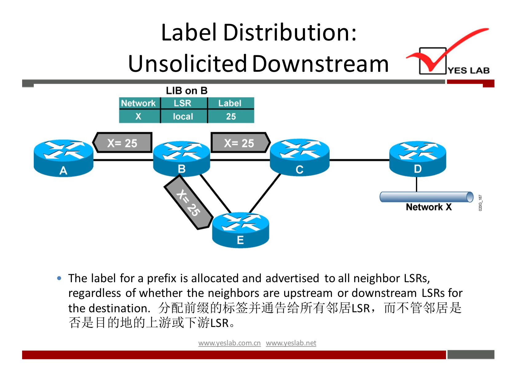 Label Distribution: 
Unsolicited Downstream 
LIB on B 
YES LAB 
Network LSR 
local 
_ _ Label 
25 
Network X 
The label for a prefix is allocated and advertised to all neighbor LSRs, 
regardless of whether the neighbors are upstream or downstream LSRs for 
the destination. 
wwwveslabnet 