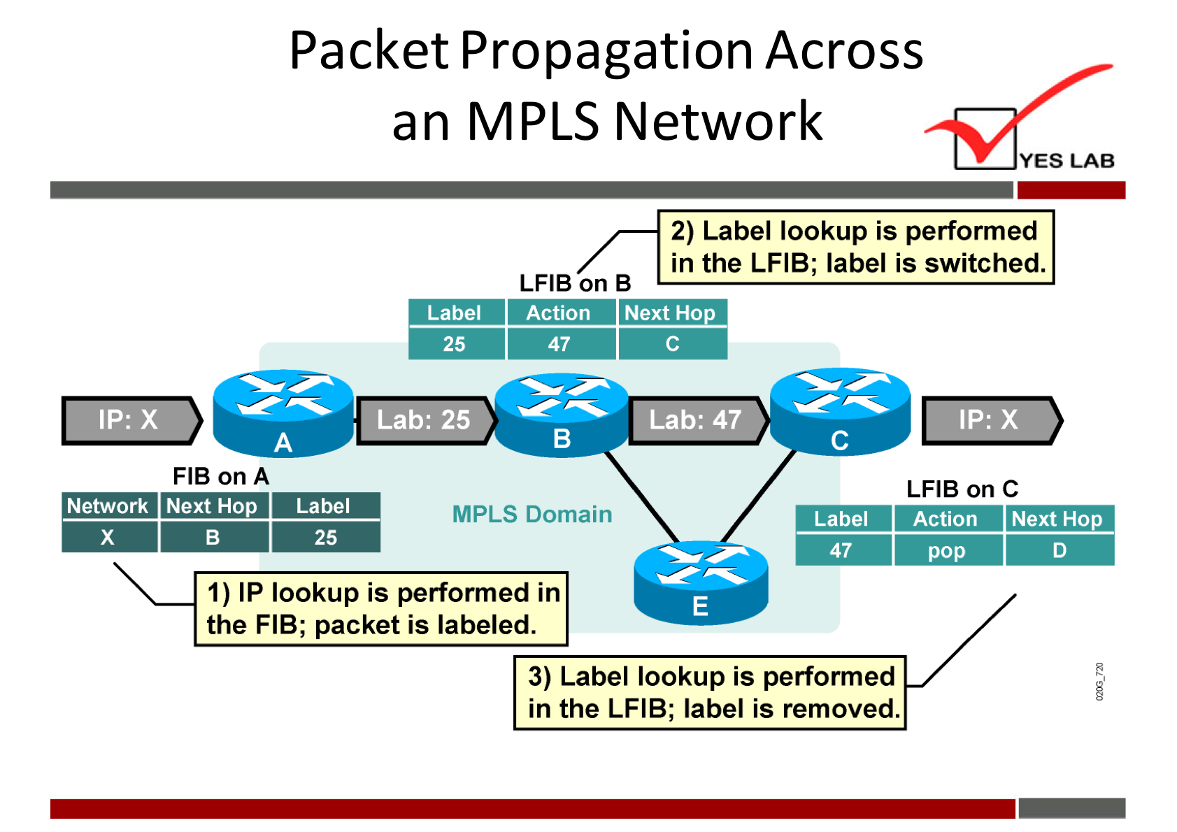 Packet Propagation Across 
an MPLS Network 
YES LAB 
2) Label lookup is performed 
in the LFIB; label is switched. 
Label 
25 
gab: 250 
LAB on B 
Action Next Ho 
47 
'Lab: 47' 
IP:X 
FIB on A 
Network Next Ho 
Label 
25 
MPLS Domain 
Label 
47 
LFIB on C 
Action Next Ho 
pop 
I) IP lookup is performed in 
the FIB; packet is labeled. 
3) Label lookup is performed 
in the LFIB; label is removed. 