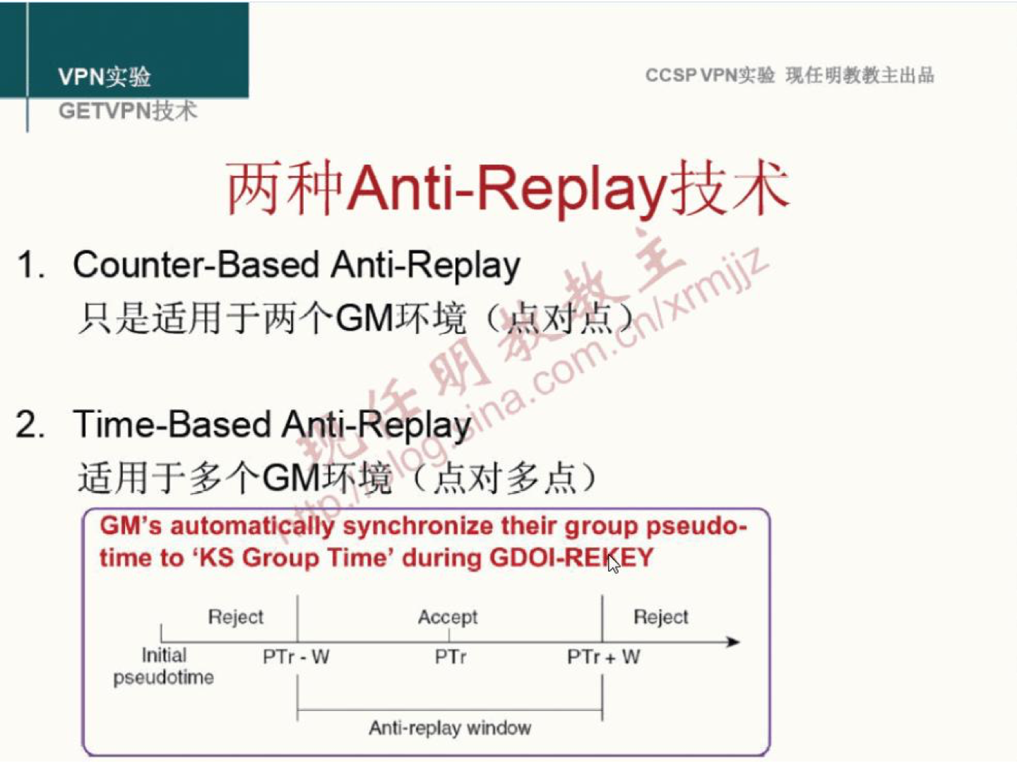 VPNit* GETVPN-±R+ Counter-Based Anti-Replay CCSPVPNN 1. 2. 00 00. Time-Based Anti-Replav GM's automatically synchronize their group pseudo- time to 'KS Group Time' during GDOI-REISEY Initial PTr - W PTr Anti-replay window PTr W 