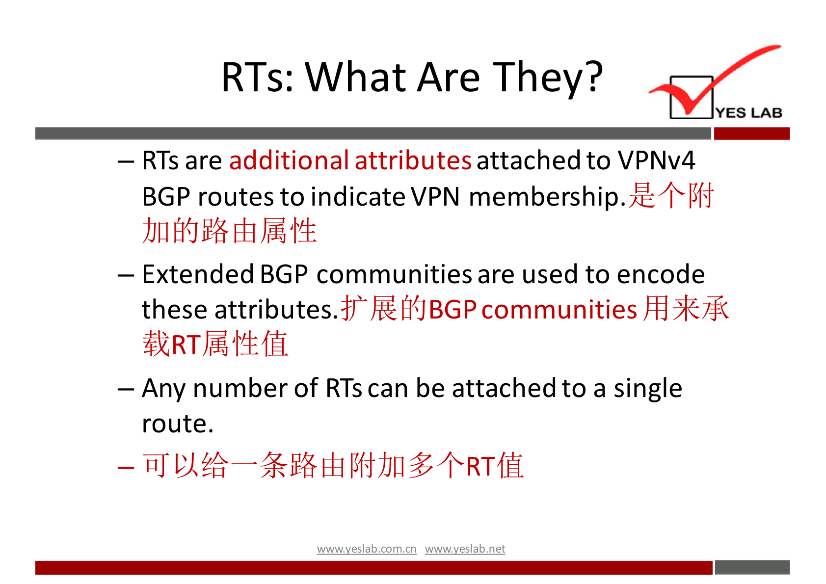 RTs: What Are They? 
YES LAB 
— RTS are additional attributes attached to VPNv4 
BGP routes to indicate VPN membership.WlXßfi 
— Extended BGP communities are used to encode 
these attributes.ffhéfi(JBGP communities 
— Any number of RTS can be attached to a single 
route. 
wwwveslabnet 