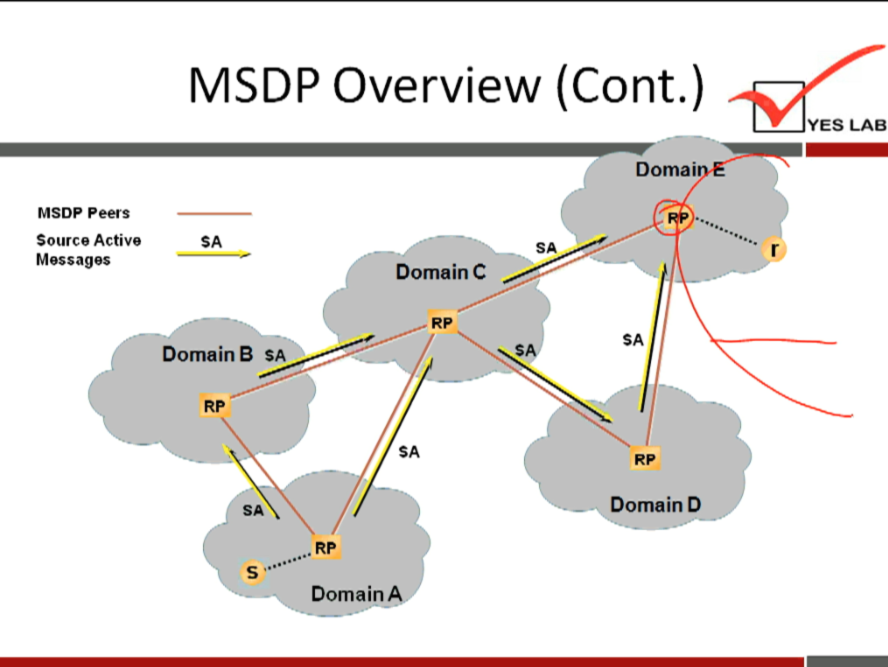 MSDP Overview (Cont.) 
YES LAB 
MSDP peers 
Source Active 
Messages 
Domain B SA 
SA 
Domai 
Domain C 
Domain D 
Domain 