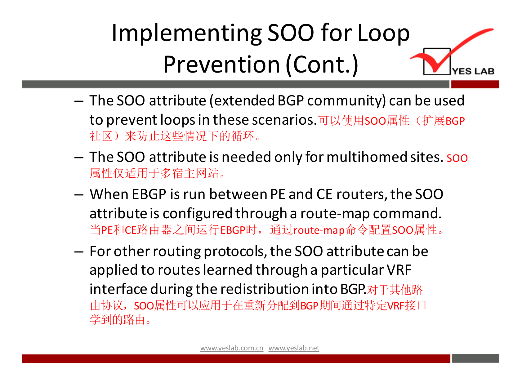 Implementing SOO for Loop 
Prevention (Cont.) 
YES LAB 
— The SOO attribute (extended BGP community) can be used 
to prevent loops in these scenarios.üJPlfiLihdsooJifåå'± (åJEhéBGP 
— The SOO attribute is needed only for multihomed sites. 
soo 
— When EBGP is run between PE and CE routers, the SOO 
attribute is configured through a route-map command. 
— For other routing protocols, the SOO attribute can be 
applied to routes learned through a particular VRF 
interface during the redistribution into BGP. 
wwwveslab net 