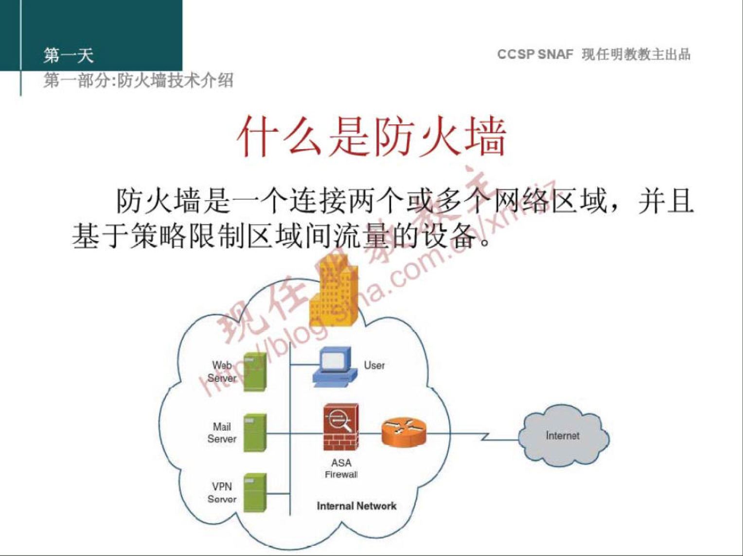 CCSP SNAF 埂 任 明 教 教 主 出 品 
弟 ． 部 分 火 技 术 介 绍 
什 么 是 防 火 墙 
防 火 墙 是 一 个 连 接 两 个 或 多 禾 绍 ． 囟 域 ， 并 且 
基 于 策 略 限 制 区 域 间 流 量 的 设 备 0 
丿 0 