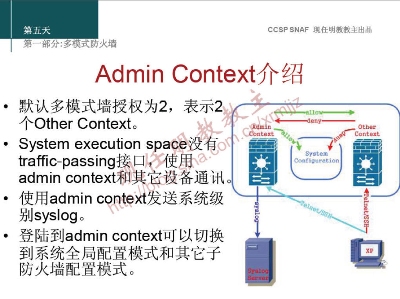 第 五 天 
第 ． 部 分 ： 多 模 式 防 火 墻 
CCSP SNAF 现 任 明 教 教 主 出 品 
Admin Context 介 绍 
． 默 认 多 模 式 墙 授 权 为 2 ， 表 示 2 
个 Other Context 
System execution space 没 有 
traffic-passing 接 口 《 0 使 用 
admin context 和 其 0 设 备 通 讯 
使 用 admin conte 发 送 系 统 级 
别 sysl og 
登 陆 到 admin context 可 以 切 换 
到 系 统 全 局 配 置 模 式 和 其 它 子 
防 火 墙 配 置 模 式 。 
ontext 
Context 