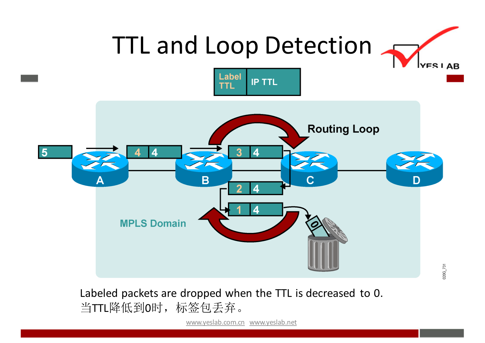 TTL and Loop Detection 
1 AB 
Label 
TTL 
TTL 
Routing Loop 
MPLS Domain 
Labeled packets are dropped when the TTL is decreased to O. 
wwwveslabnet 