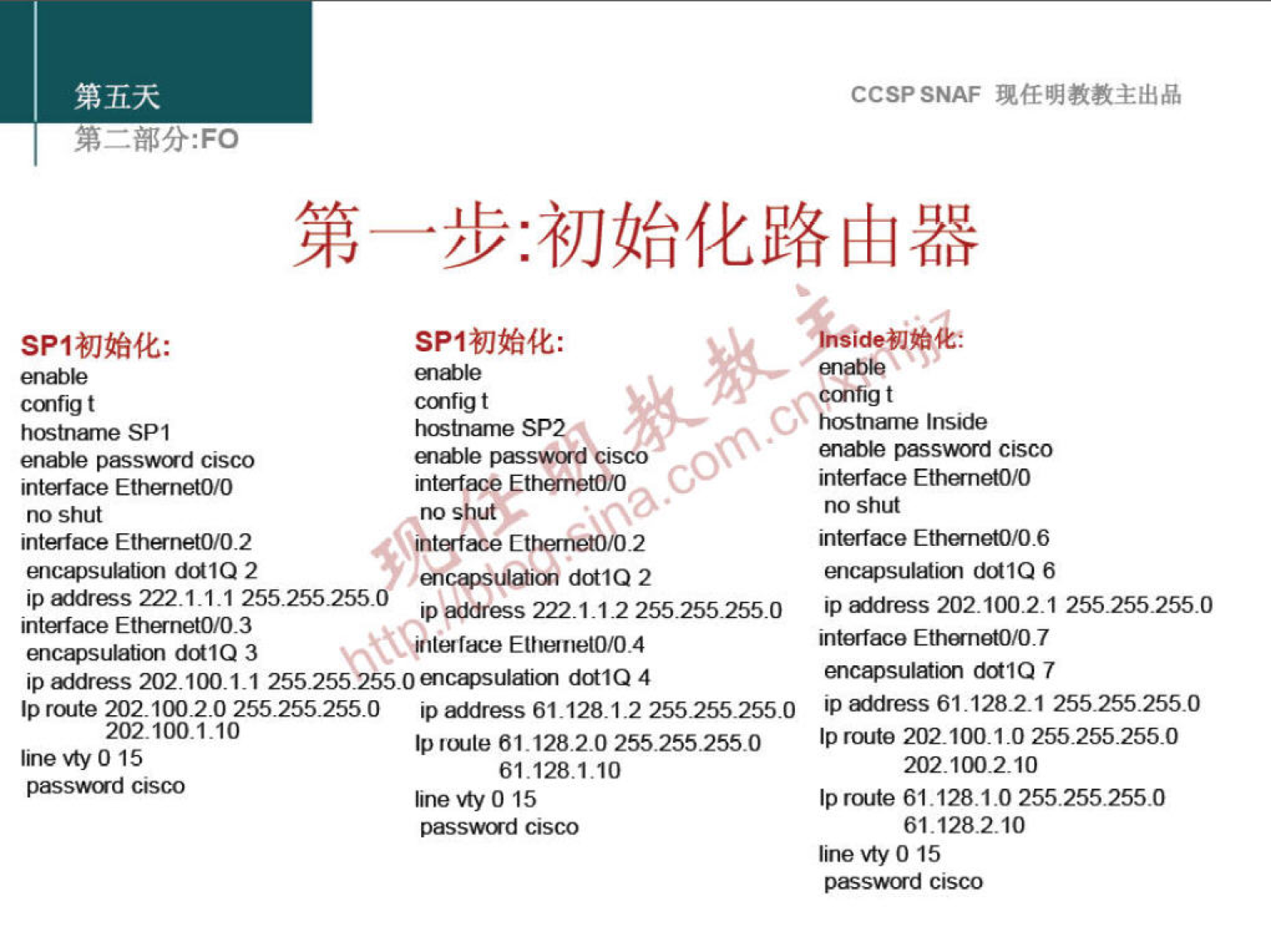 SPI$JQ: 
enable 
cmfig t 
hostrwne SPI 
enable passw«d cisco 
intalace EthgnetO/O 
no shut 
interface 
encapsulation CRA 1 Q 2 
cmfig t 
passwu•d 
co 
intffface Eth«netO/O 
c, 
no shut 
Oihtaface C 
0. 
dc*1Q 2 
ip address 222M _ 1.1 255255955. 
ipaddress 2221.12 2552552550 
intalace 
EthemetO/O.4 
encapsulation IQ 3 
ipamress 255255955.0 Elicapsulatim dc*1Q 4 
202.100.20 255255255.0 ipaddress 255255255.0 
202.100.1.10 
line vty 015 
passwud cisco 
61.128.20 255255255.0 
61.128.1.10 
line •0' 0 15 
passw«d Cisco 
CCSPSNAF 
Cmfig t 
Owne Inside 
enable passw«d cisco 
interface 
no shut 
interface 
ip address 202.10021 255255955.0 
interface Eth«netO/O. 7 
encapsulatm dc*1Q 7 
iP address 61.12821 
route 202100.1_0 
Ip 61 
61.128210 
lirw vty 0 15 
Cisco 