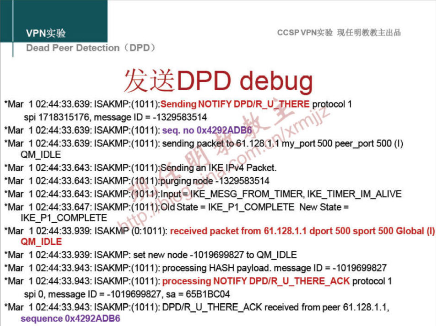 VPNN 
Dead Peer Detection (DPO) 
CCSPVPNT* 
12j±DPD debug 
•Mar DPD/R_LC EREprqtoc011 
spi 1718315176, message ID = -1329583514 
•Mar seq. no Ox4292ADB6 
•Mar 102:44:33.639: sending 500 (l) 
QM_IDLE 
•Mar 102:44:33.643: IPv4Packet 
•Mar 
•Mar 
•Mar State= 
•Mar 1 0244:33.939. ISAKMP 01011): received packetfrom 61.12&1.1 dport sport 500 Global (l) 
QM IDLE 
•Mar ISAKMP. set node -1019699827 to QM_IDLE 
•Mar 102:44:33.943: HASH payload. message ID = -1019699827 
•Mar 1): processing NOTIFY protocol 1 
spi O, message ID = -1019699827, sa - 65BIBC04 
'Mar 102:44:33.943: received from peer 61.128.1.1, 
sequence OX4292ADB6 