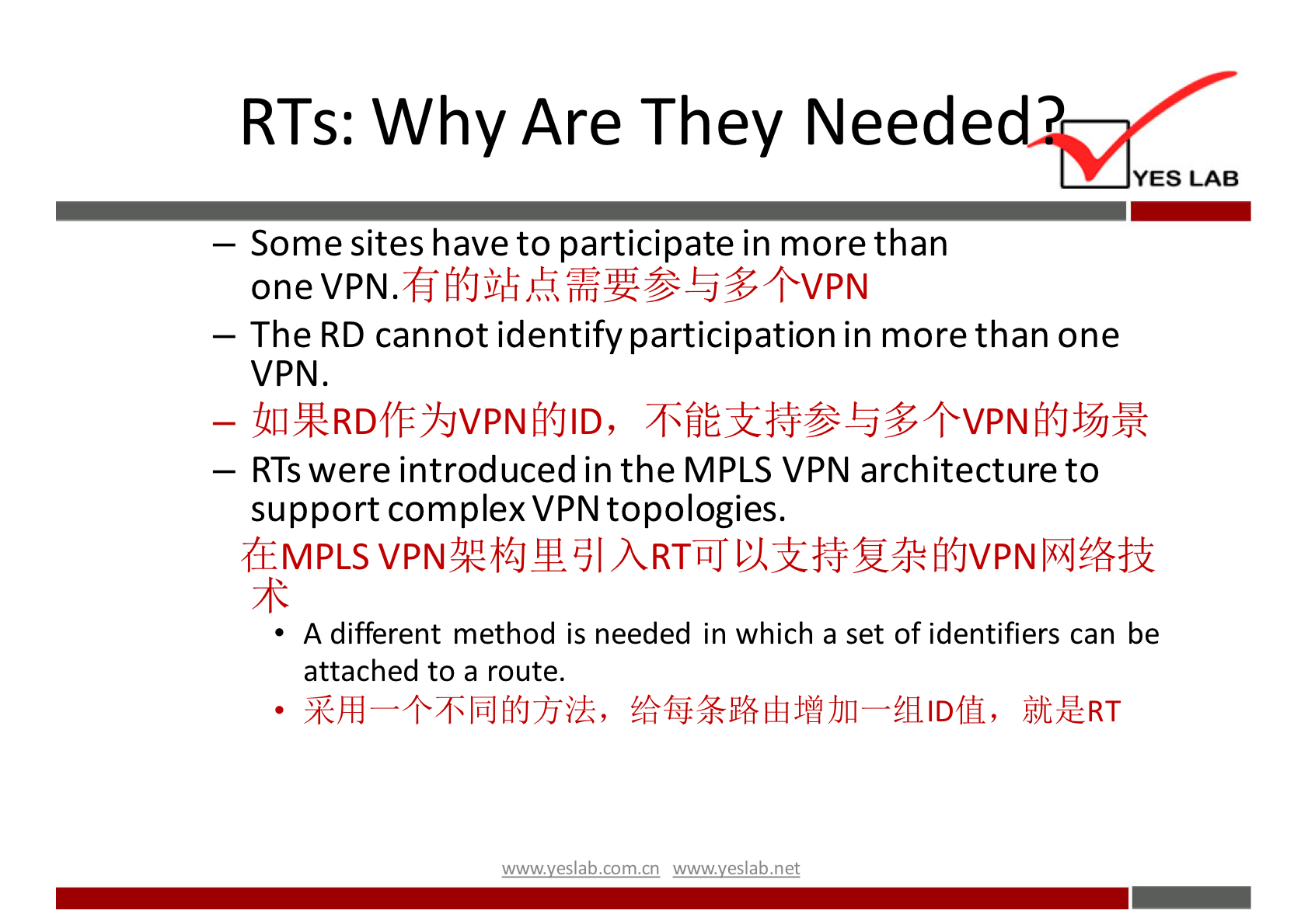 RTs: Why Are They Neede 
YES LAB 
— Some sites have to participate in more than 
one VPN. 
— The RD cannot identify participation in more than one 
VPN. 
- UnkRDfrYYVPNfi(JlD, 
— RTS were introduced in the MPLS VPN architecture to 
support complex VPN topologies. 
(GMPLS 
A different method is needed in which a set of identifiers can be 
attached to a route. 
wwwveslabnet 