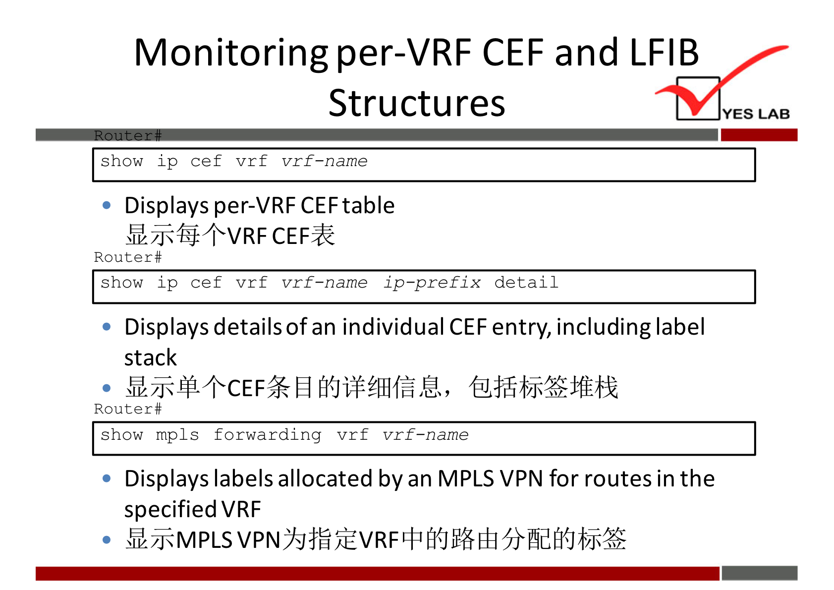 Monitoring per-VRF CEF and LFIB 
Structures 
show ip cef vrf vrf—name 
Displays per-VRF CEFtable 
YWTJ$+VRF 
Router # 
show ip cef vrf vrf—name ip—prefix detail 
Displays details of an individual CEF entry, including label 
stack 
Router # 
show mpls forwarding vrf vrf—name 
Displays labels allocated by an MPLS VPN for routes in the 
specified VRF 
YES LAB 