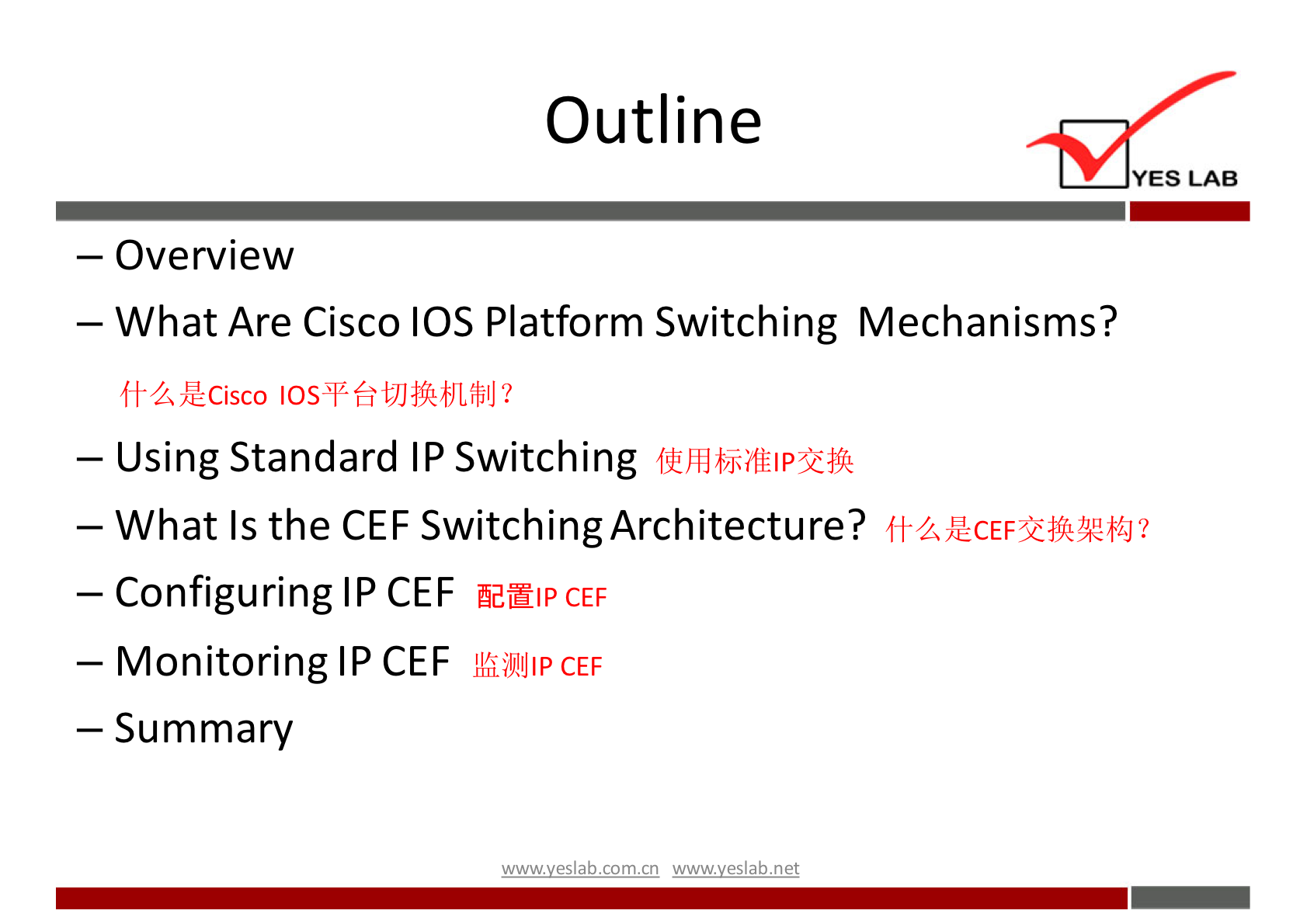 Outline 
YES LAB 
— Overview 
— What Are Cisco IOS Platform Switching Mechanisms? 
— Using Standard IP Switching 
— What Is the CEF Switching Architecture? 
— Configuring IP CEF 
äemlP CEF 
— Monitoring IP CEF 
CEF 
— Summary 
wwwveslabnet 