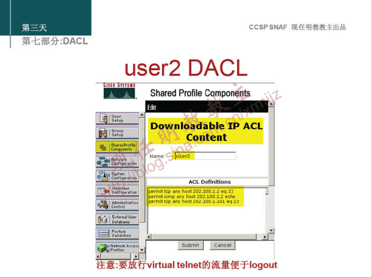 CCSPSNAF 
: DACL 
user2 DACL 
Shared Profile Components 
Downloadable IP ACL 
Content 
ACL Definitions 
gem-at tcp 202.100.1.Z eq 22 
cerrnitiemø any host 202.100,1.2 ecto 
*rrnittcp host ZS 
Submit 
ffvirtual 