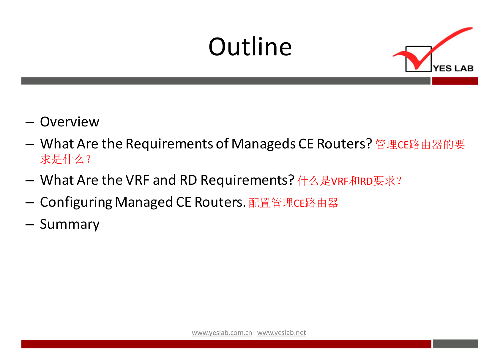 Outline 
YES LAB 
— Overview 
— What Are the Requirements of Manageds CE Routers? 
— What Are the VRF and RD Requirements? ffLÆVRF811RDQk? 
— Configuring Managed CE Routers. 
— Summary 
wwwveslabnet 