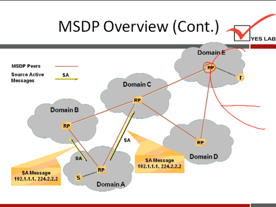 MSDP Overview (Cont.) 
MSDP peers 
Source Active 
Messages 
Domain B 
SA 
SA Message 
192.1.1.1, 224.2.2.2 
Domain C 
SA Message 
192.1.i.i, 224.2.2.2 
Domain 
YES LAB 
Domai 
Domain D 