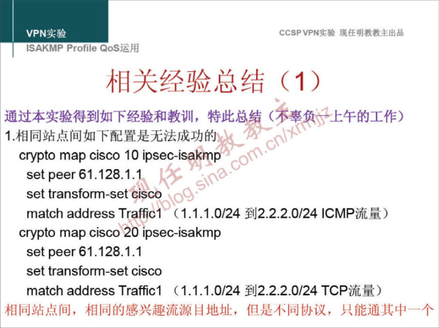 VPN 实 验 
ISAKMP Profile 用 
CCSPVPN 实 验 现 任 明 教 教 主 出 品 
相 关 经 验 总 结 （ 1 ） 
通 过 本 实 验 得 到 如 下 经 验 和 教 训 ， 特 此 总 ， 、 5 辜 隼 《 上 午 的 工 作 ） 
1 湘 同 站 点 间 如 下 配 置 是 无 法 成 功 的 
crypto map Cisco 10 ipsec-isakn€ 
set p “ 。 61 ， 128 ， 1 1 · 湖 各 
set transform-set Cisco 
match address Traffici （ 1 ． 1 ． 1 ． 0 / 24 到 2 ． 2 ． 2 ． 0 / 24 ℃ MP 流 量 ） 
crypto map Cisco 20 ipsec-isakmp 
set peer61 ． 128 ． 1 ． 1 
set transform-set Cisco 
match address Trafficl （ 1 ． 1 ． 1 ． 0 / 24 到 2 ． 2 ． 2 ． 0 / 24 TCP 流 量 ） 
相 同 站 点 间 ， 相 同 的 感 兴 趣 流 源 目 地 址 ， 但 是 不 同 协 议 ， 只 能 通 其 中 一 个 