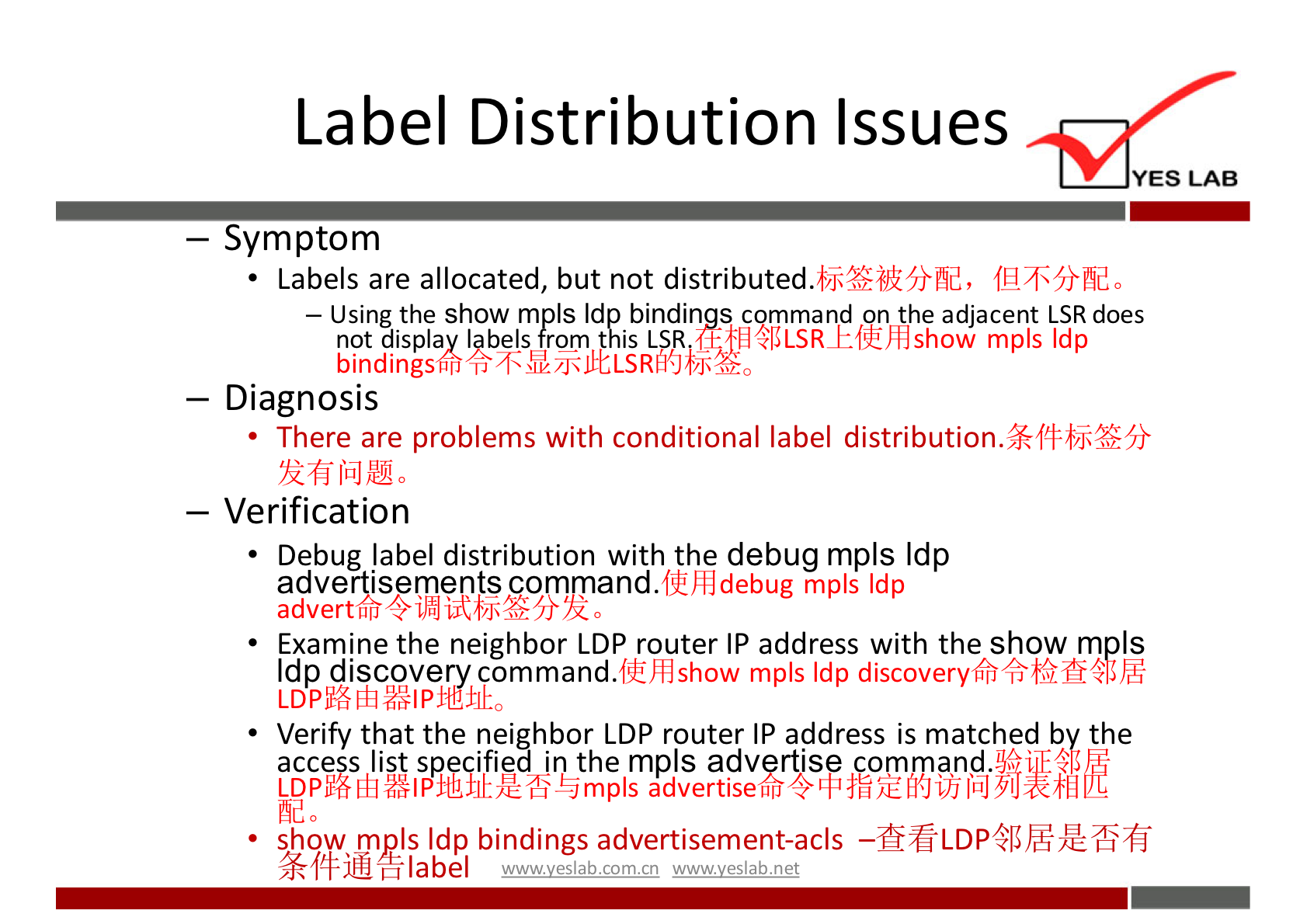 Label Distribution Issues 
YES LAB 
— Symptom 
• Labels are allocated, but not distributed. 
— Using the show mpls Idp bindin s does 
not displa Inbels from this L SR 
bindingsfi% 4SWTSIEtLSRffJbJ*o 
— Diagnosis 
There are problems with conditional label distribution 
— Verification 
Debug label distribution with the debug mpls Idp 
advertisements command. 
flihddebug mpls Idp 
adverttfr 0 
Examine the neighbor LDP router IP address with the show m Is 
Idp discove command. 
fiLiÆshow mpls Idp Fi 
Verify that the neighbor LDP router IP a4dress is matched b the 
advertise6fi 
• show mpls Idp bindings advertisement-acls —fi6LDPQßßÆfifi 
% frijMBlabel 
wuwveslabnet 