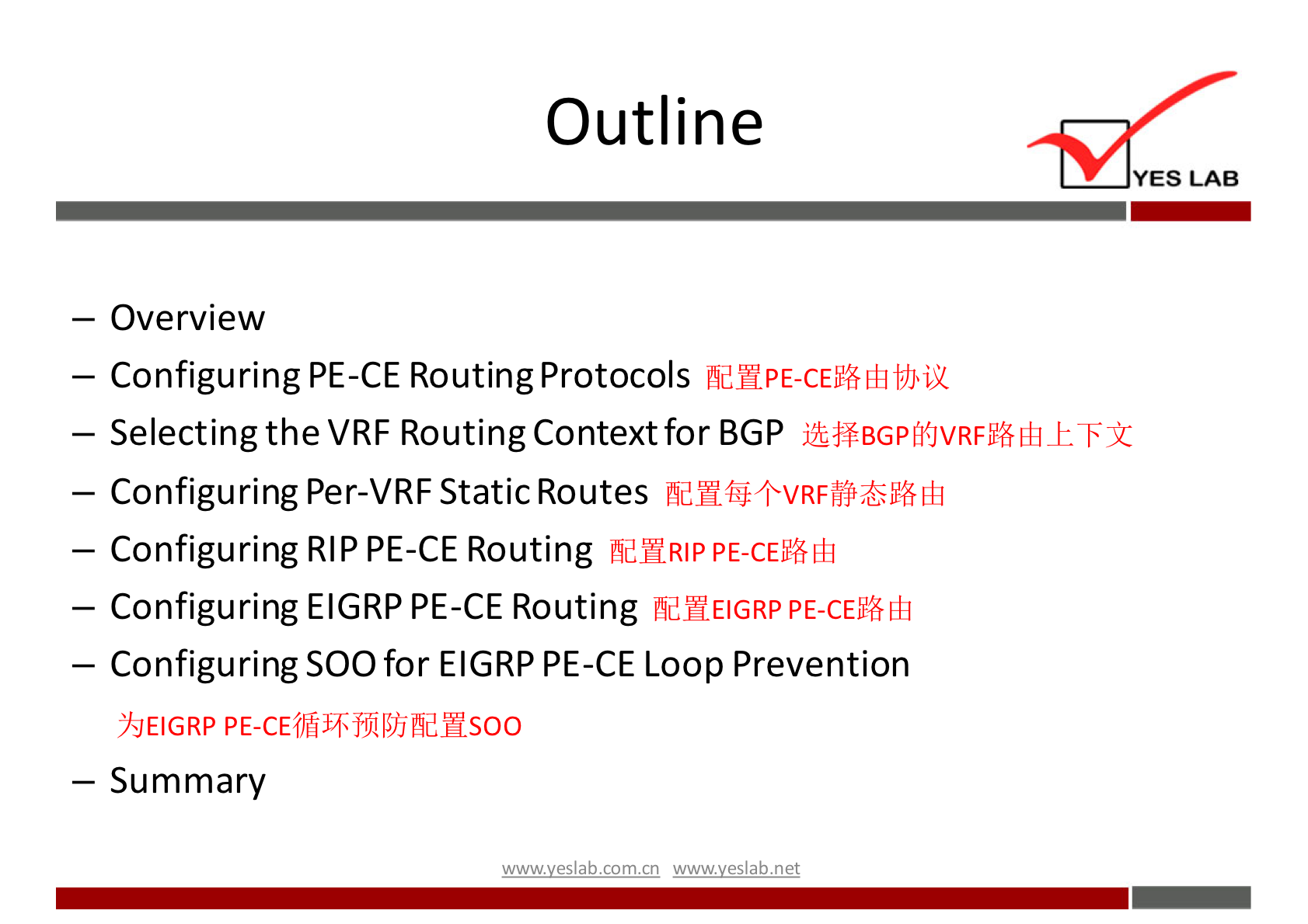 Outline 
YES LAB 
— Overview 
— Configuring PE-CE Routing Protocols 
— Selecting the VRF Routing Contextfor BGP 
— Configuring Per-VRF Static Routes 
- Configuring RIP PE-CE Routing 
PE-CEHE4] 
- Configuring EIGRP PE-CE Routing 
thdWElGRP 
- Configuring SOO for EIGRP PE-CE Coop Prevention 
— Summary 
wwwveslaănet 