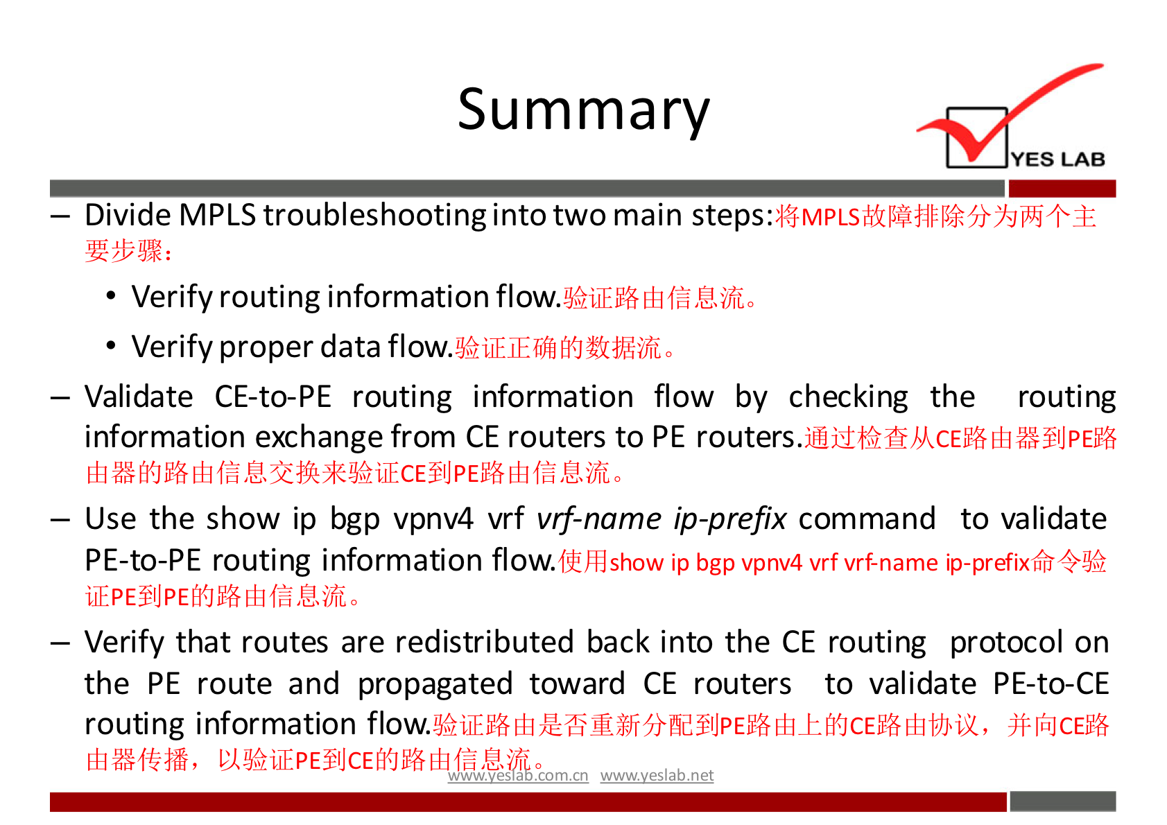 Summary 
YES LAB 
— Divide MPLS troubleshooting into two main steps: 
• Verify routing information flow. 
• Verify proper data 
— Validate CE-to-PE routing information flow by checking the routing 
information exchange from CE routers to PE routers. 
— Use the show ip bgp vpnv4 vrf vrf-name ip-prefix command to validate 
PE-to-PE routing information flow. 
ip bgp vpnv4 vrf vrf-name ip-prefiXifr4-å$ 
— Verify that routes are redistributed back into the CE routing protocol on 
the PE route and propagated toward CE routers to validate PE-to-CE 
routing information flow. 