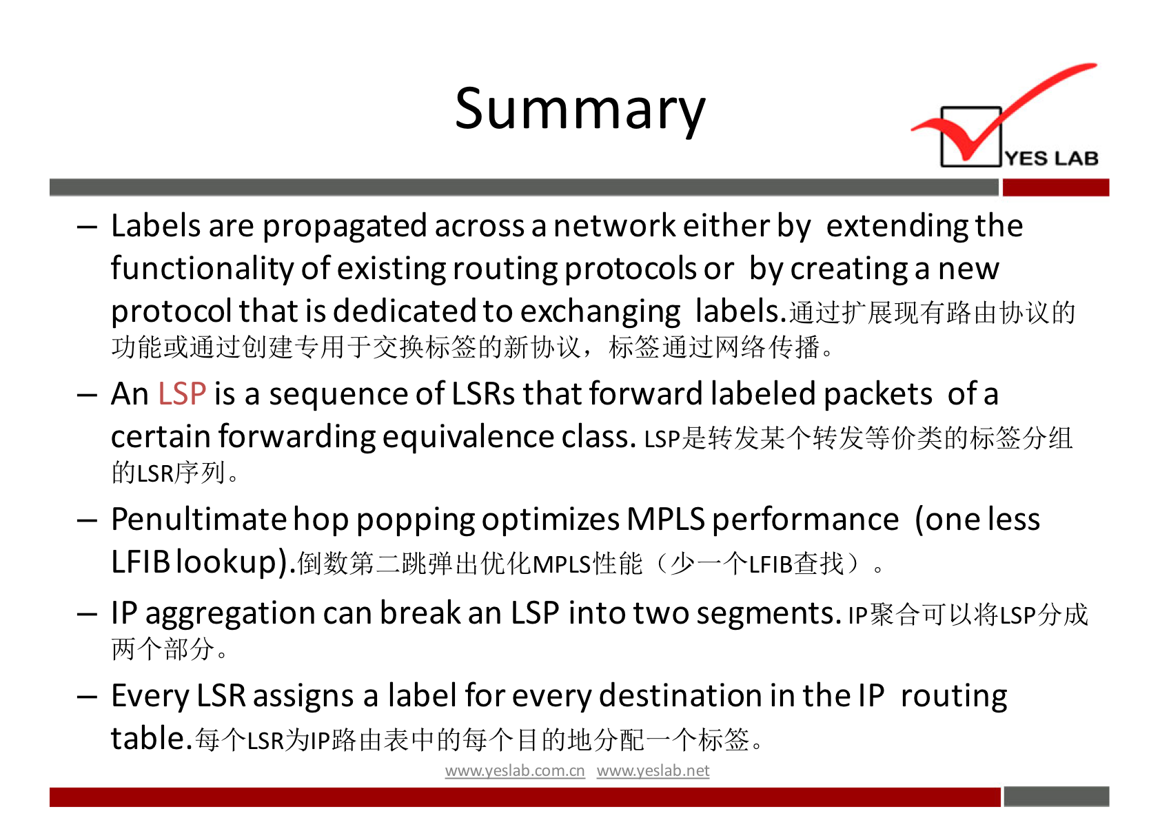 Summary 
YES LAB 
— Labels are propagated across a network either by extending the 
functionality of existing routing protocols or by creating a new 
protocol that is dedicated to exchanging labels.jü-ffkUlÆfi}614dfrhiIMJ 
LSP is a sequence of LSRs that forward labeled packets of a 
— An 
certain forwarding equivalence class. 
MJLSR'*91J0 
— Penultimate hop popping optimizes MPLS performance (one less 
— IP aggregation can break an LSP into two segments. 
— Every LSR assigns a label for every destination in the IP routing 
+bi.-%o 
wwwveslabnet 