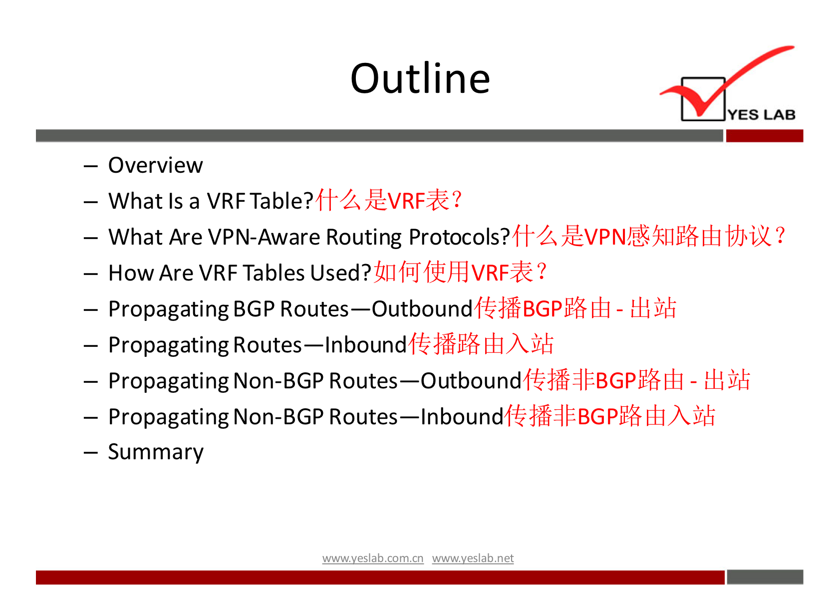 Outline 
YES LAB 
— Overview 
- What Is a VRFTable? 
— What Are VPN-Aware Routing Protocols? 
- How Are VRFTables Used? 
— Propagating BGP Routes—Outbound 
— Propagating Routes—lnbound 
— Propagating Non-BGP Routes—Outbound 
— Propagating Non-BGP Routes—lnbound 
— Summary 
wwwveslabnet 