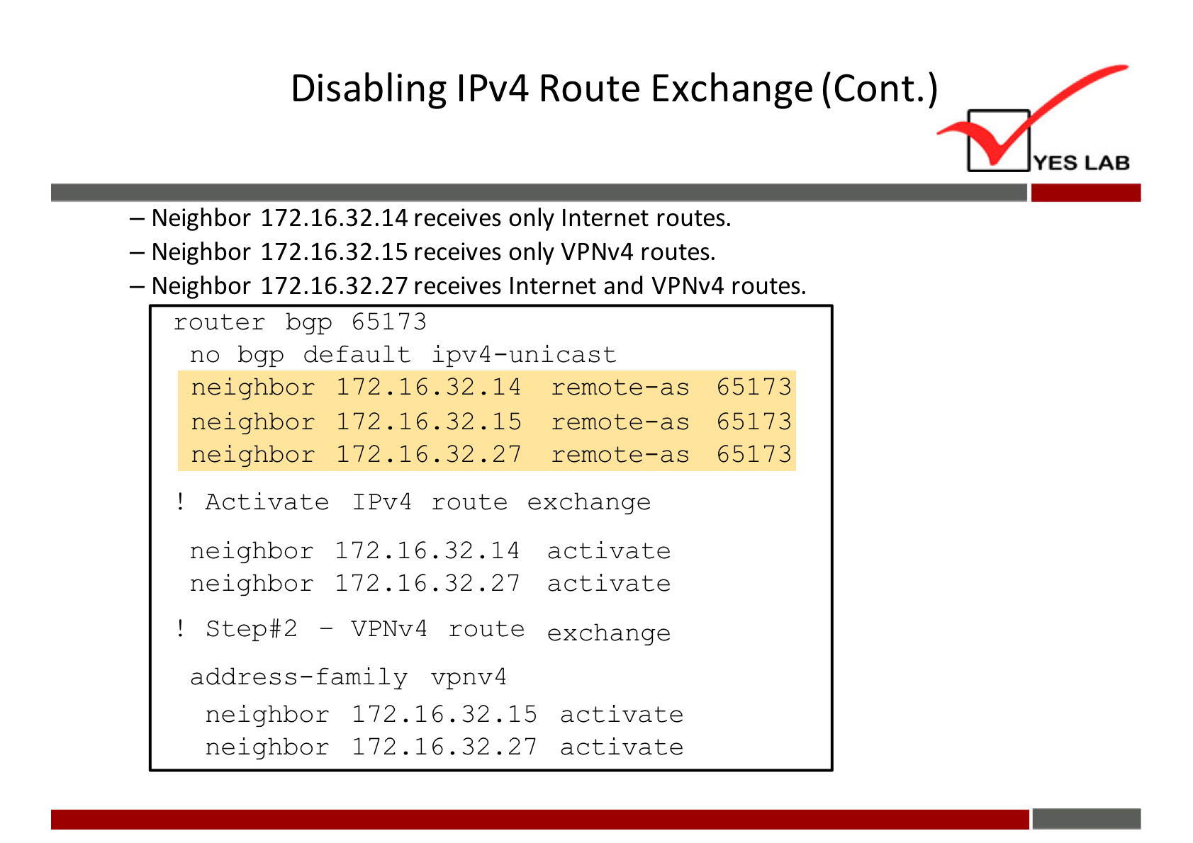 Disabling IPv4 Route Exchange (Cont.) 
YES LAB 
— Neighbor 172.16.32.14 receives only Internet routes. 
— Neighbor 172.16.32.15 receives only VPNv4 routes. 
— Neighbor 172.16.32.27 receives Internet and VPNv4 routes. 
router bgp 65173 
no bgp default ipv4—unicast 
neighbor 172 .16.32 .14 remote-as 
neighbor 172 .16 32 . 15 remote—as 
neighbor 172 .16 . 32 . 27 remote—as 
! Activate IPv4 route exchange 
neighbor 172 .16.32 .14 activate 
neighbor 172 .16 32 . 27 activate 
! Step#2 — VPNv4 route exchange 
address—family vpnv4 
neighbor 172 . 16.32 .15 activate 
neighbor 172 . 16.32 .27 activate 
65173 
65173 
65173 