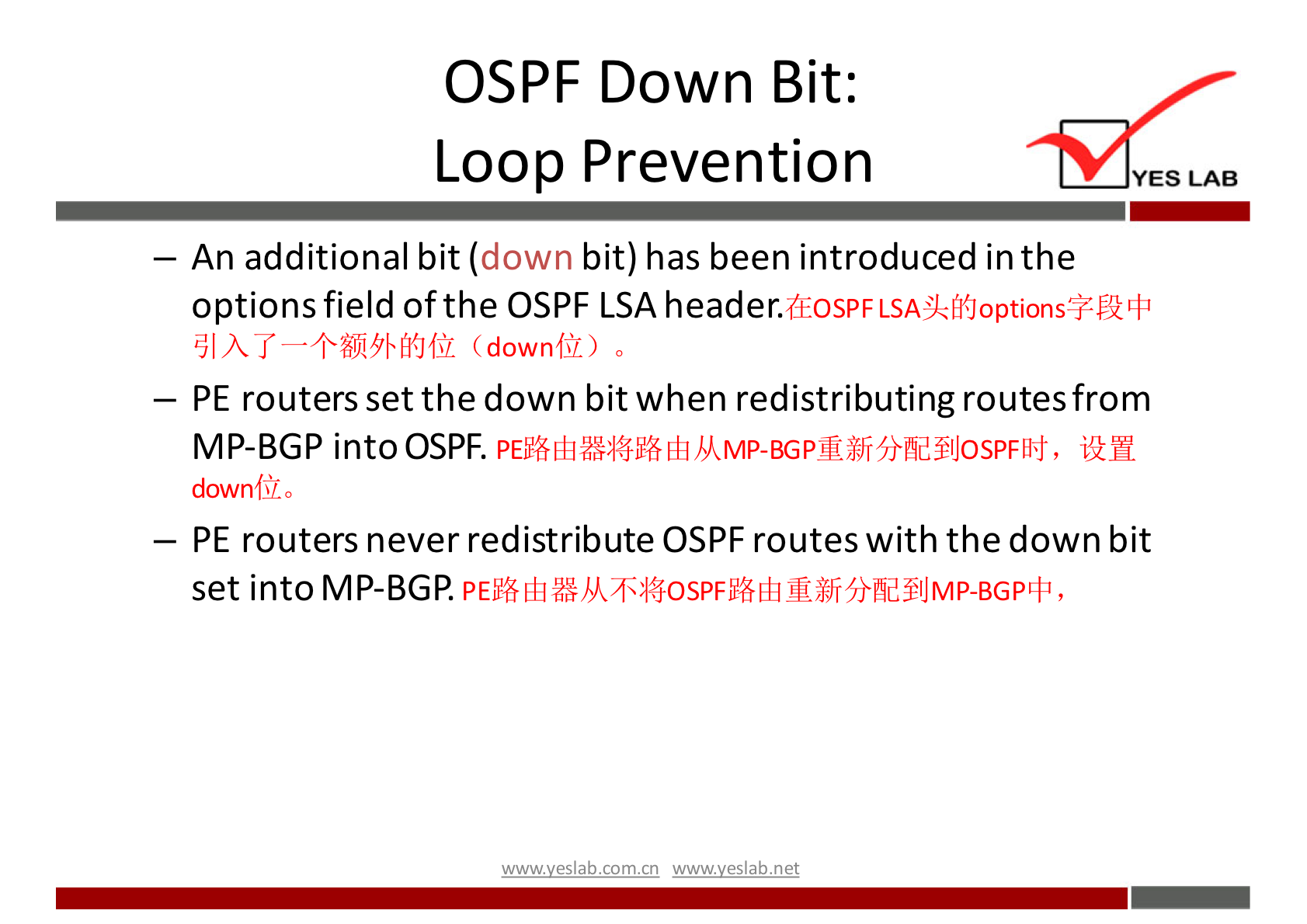 OSPF Down Bit: 
Loop Prevention 
YES LAB 
— An additional bit (down bit) has been introduced in the 
options field of the OSPF LSA header.fiospF 
GIA r o 
— PE routers set the down bit when redistributing routes from 
MP-BGP into OSPF. 
downffro 
— PE routers never redistribute OSPF routes with the down bit 
set into MP-BGP. 
wwwveslabnet 