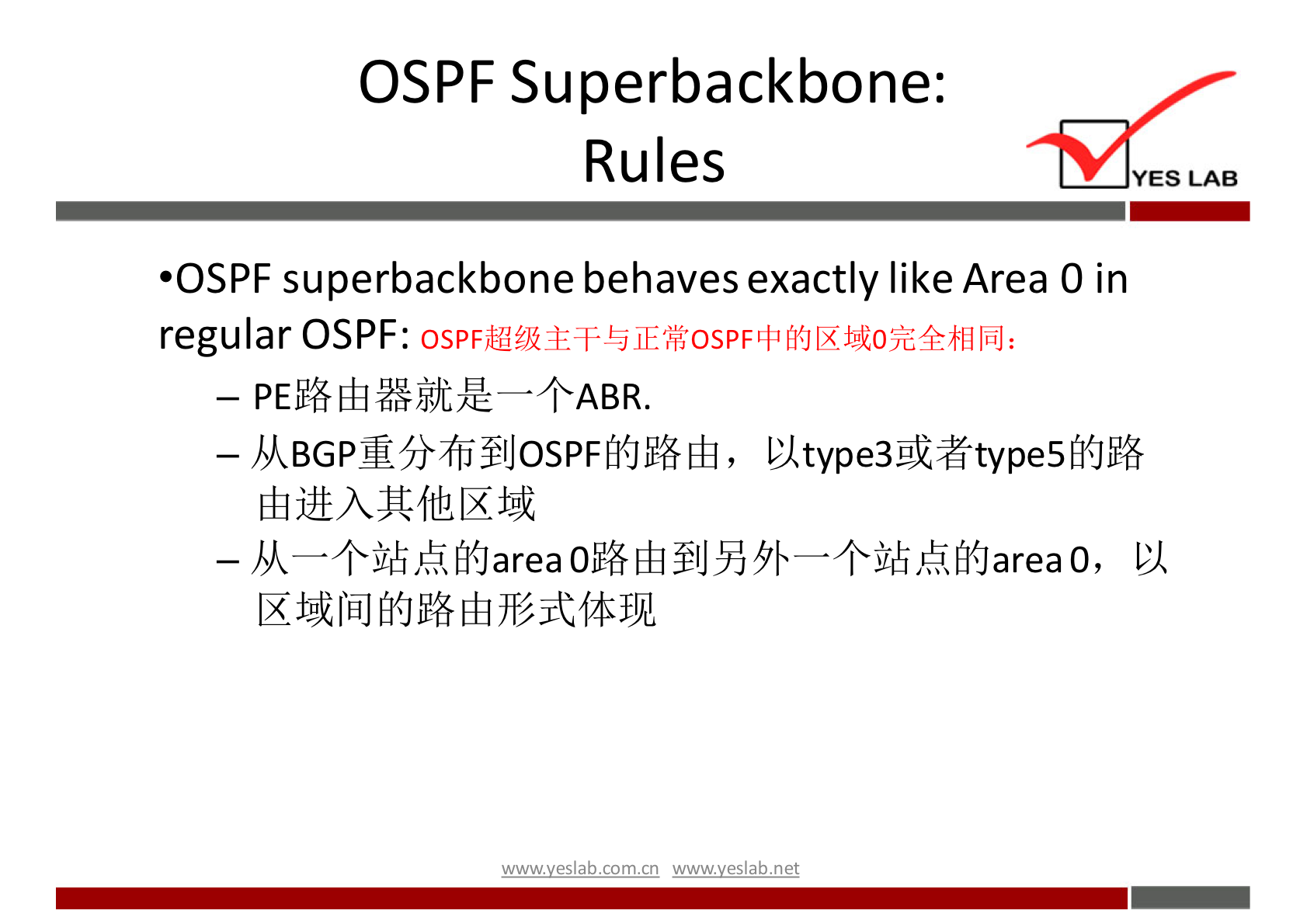 OSPF Superbackbone: 
Rules 
•OSPF superbackbone behaves exactly like Area 0 in 
regular OSPF: 
wwwveslabnet 
YES LAB 