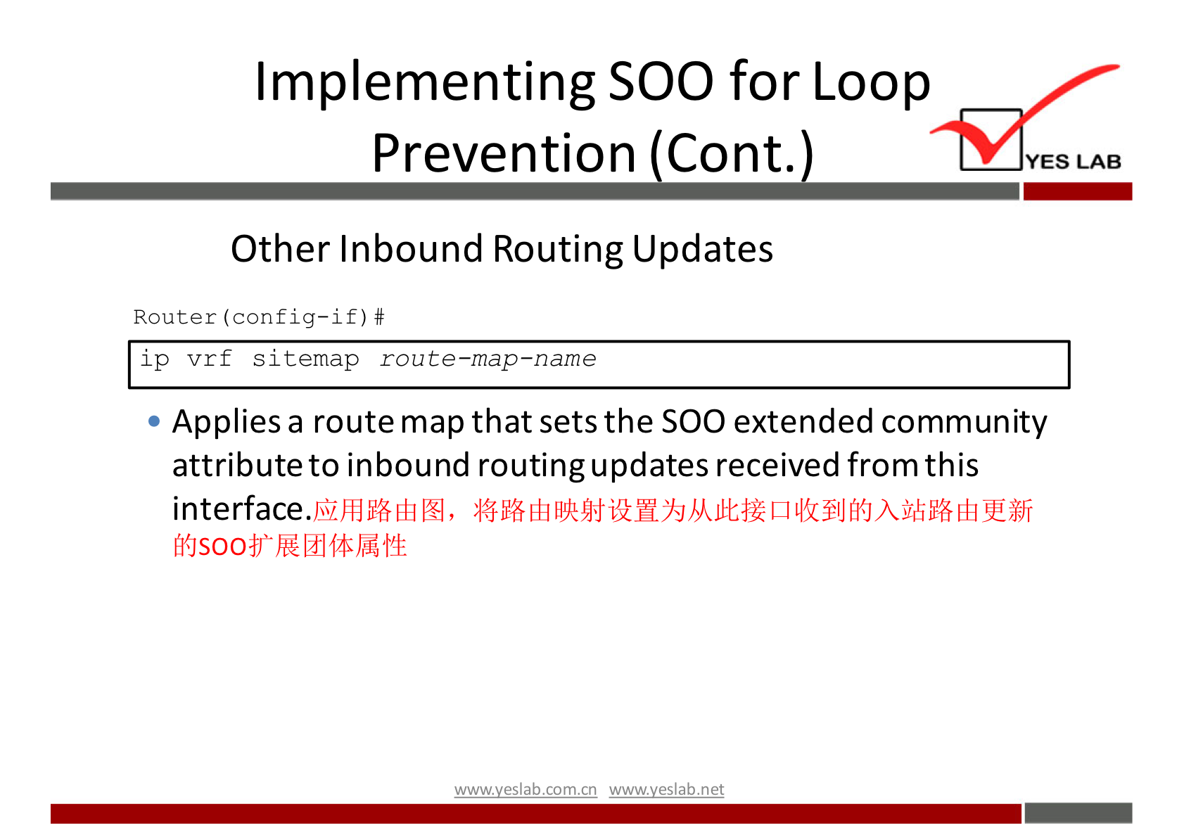 Implementing SOO for Loop 
Prevention (Cont. ) 
Other Inbound Routing Updates 
Router (config—if) # 
ip vrf sitemap route—map—name 
YES LAB 
Applies a route map that sets the SOO extended community 
attribute to inbound routing updates received from this 
interface. 
wwwveslab net 