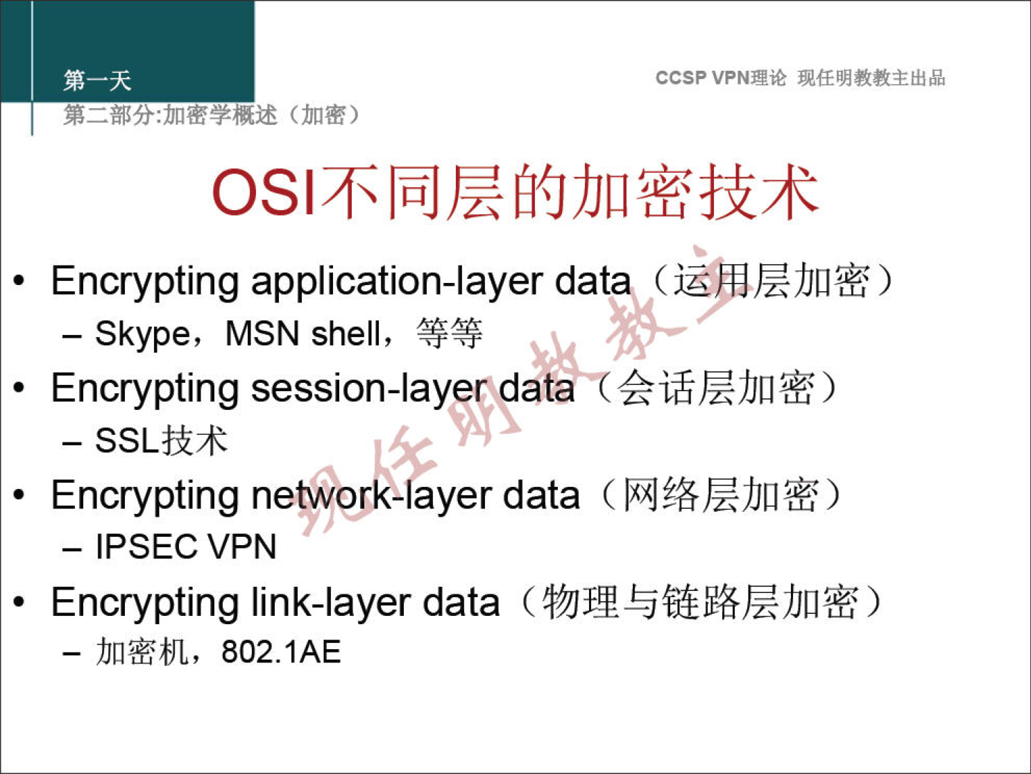 ccsp VPN" • Encrypting application-layer dat ( - Skype, MSN shell, • Encrypting session-layer datåÄkifkJJLl*i) - SSLft* • Encrypting networ -layer data - IPSEC VPN • Encrypting link-layer data - 802.1AE 