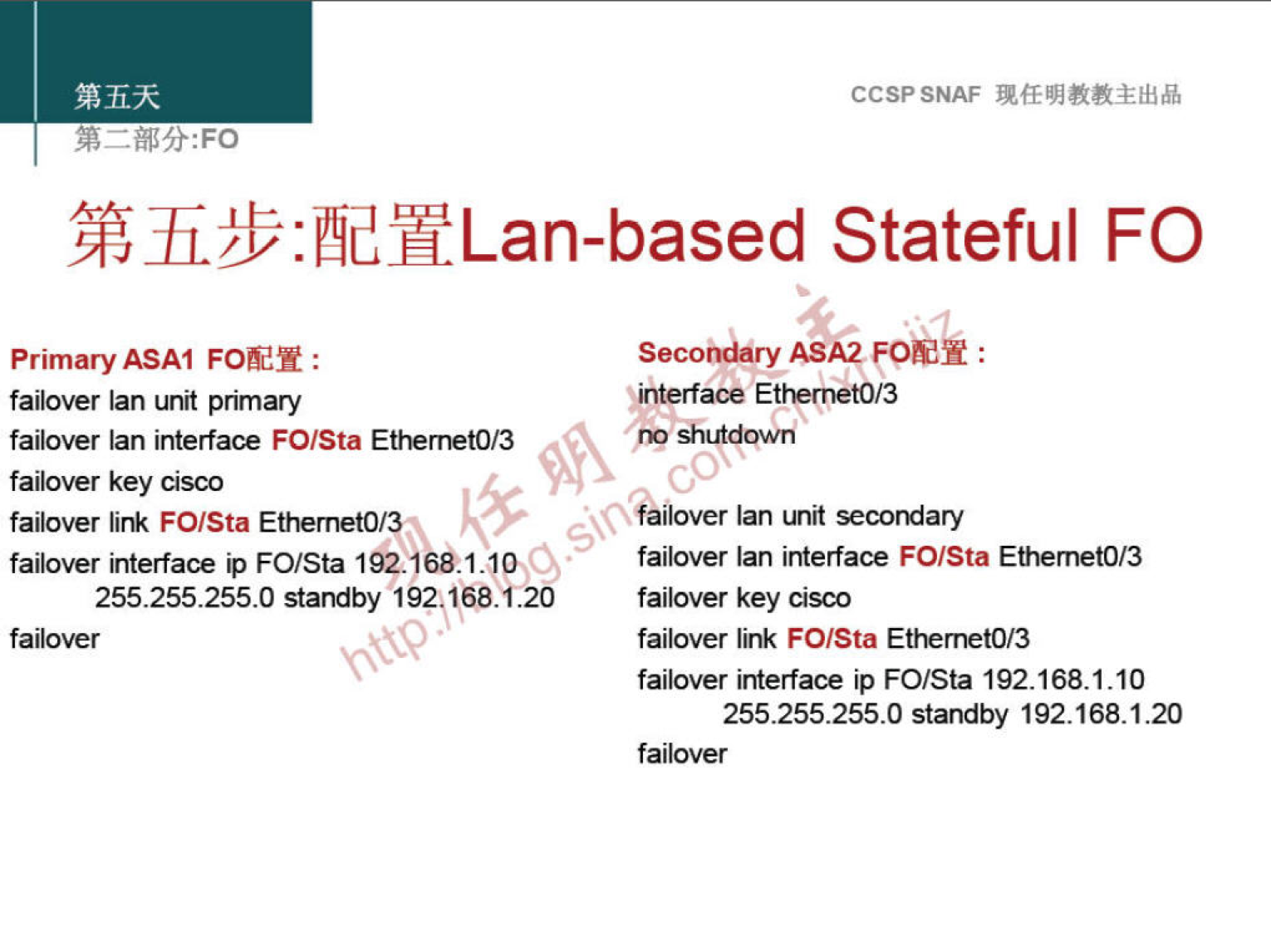 Primary ASAI FOEY : 
failover Ian unit primary 
failover Ian interface FOISta EthernetO/3 
CCSPSNAF 
Stateful FO 
Secondary ASA2 : 
Sinterface EttEoetO/3 
Qlutdpwrq 
failover key Cisco 
ofåilover Ian unit secondary 
failover link FOISta EthernetO/3•s 
failover interface ip FOISta 192.166M.10 
255.255.255.0 standby 192 158.1.20 
failover 
failover Ian interface FOISta EthernetO/3 
failover key cisco 
failover link FOISta EthemetO/3 
failover interface ip FO/Sta 192.168.1.10 
255.255.255.0 standby 192.168.1.20 
failover 