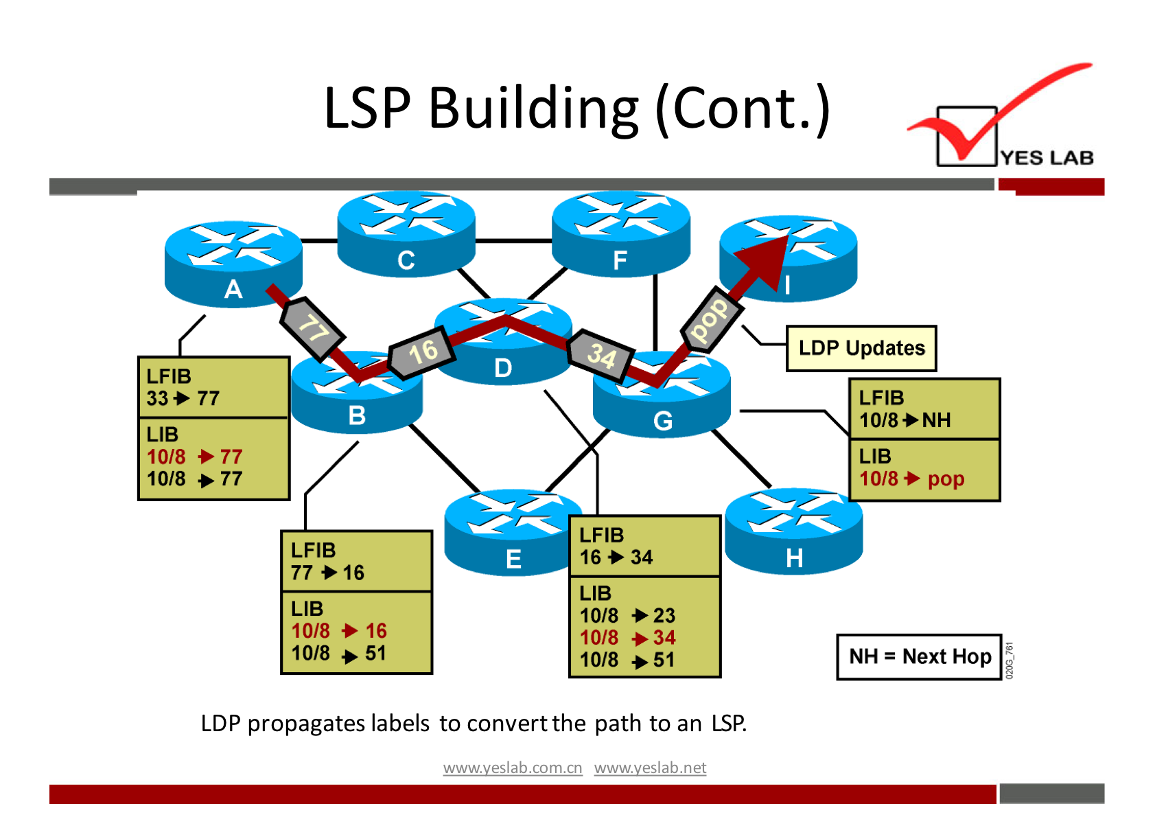 LSP 
77 
LIB 
10/8 77 
10/8 77 
LFIB 
77 16 
LIB 
10/8 > 16 
10/8 > 51 
Building (Cont.) 
YES LAB 
LDP Updates 
LFIB 
10/8>NH 
LIB 
10/8 pop 
LAB 
16>34 
LIB 
10/8 +23 
10/8 +34 
NH = Next Hop 
10/8 +51 
LDP propagates labels to convert the path to an ISP. 
wwwveslabnet 