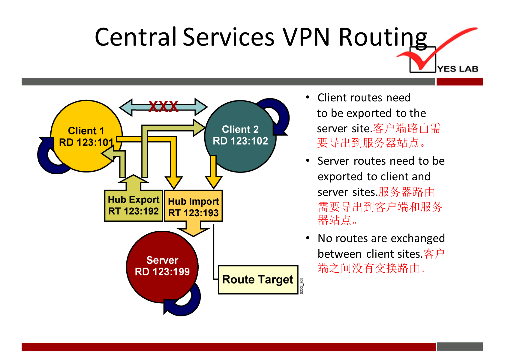 Central Services VPN Routin 
Client 1 
RD 123:10 
Client 2 
RD 123:102 
Hub Export Hub Import 
RT 123:192 RT123:193 
YES LAB 
Client routes need 
to be exported to the 
server site. 
Server routes need to be 
exported to client and 
server sites. 
No routes are exchanged 
between client 
Server 
RD 123:199 
Route Target 