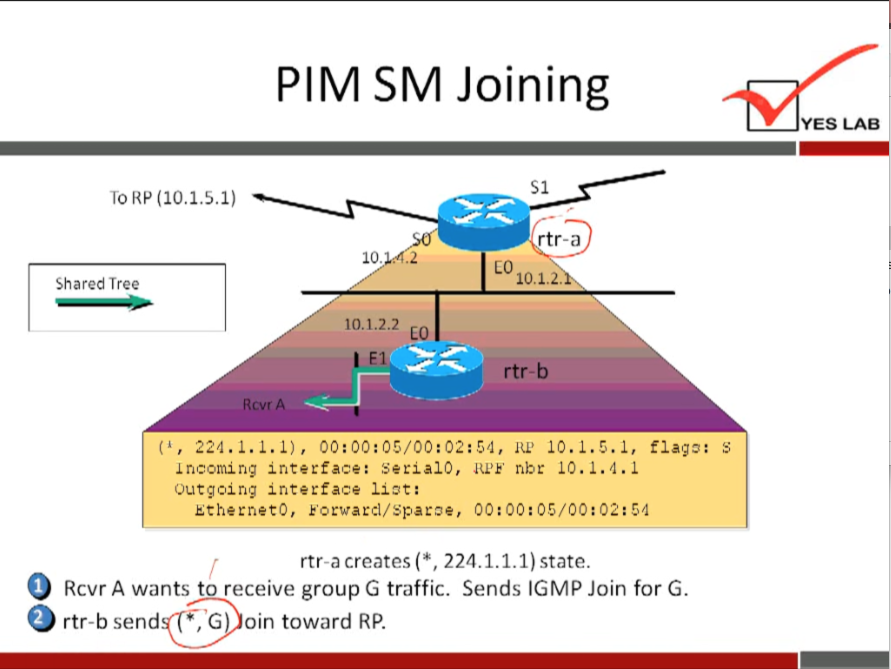 PIM SM Joining 
YES LAB 
TO RP (10.1.5.1) 
Shared Tree 
Rcvr A 
rtr-a 
10. .2 
10.1.2. 
10.1.2.2 
e, 224.1. i. i), 00:00: 10.1.5.1, flap: 
I noonting inter fate: seria10, nbr 10. l. d. I 
outgoing interface liat: 
EthernetO, Forward/ Spat", 
rtr-a creates ( * , 224.1.1.1) state. 
Rcvr A wants to receive group G traffic. Sends IGMP Join for G. 
O rtr-b 
G oin toward RP. 