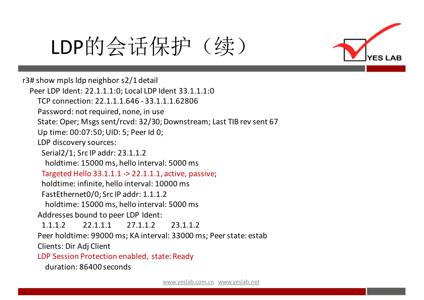 YES LAB 
show mpls Idp neighbor s2/I detail 
Peer LDP Ident: 22.1.1.1:0; Local LDP Ident 33.1.1.1:0 
TCP connection: 22.1.1.1.646 - 33.1.1.1.62806 
Password: not required, none, in use 
State: Oper; Msgs sent/rcvd: 32/30; Downstream; Last TIB rev sent 67 
Up time: UID: 5; peer Id O; 
LDP discovery sources: 
Seria12/1; src IP addr: 23.1.1.2 
holdtime: 15000 ms, hello interval: 5000 ms 
Targeted Hello 33.1.1.1 -> 22.1.1.1, active, passive; 
holdtime: infinite, hello interval: 10000 ms 
FastEthernetO/O; Src IP addr: 1.1.1.2 
holdtime: 15000 ms, hello interval: 5000 ms 
Addresses bound to peer LDP Ident: 
1.1.1.2 
22.1.1.1 
27.1.1.2 
23.1.1.2 
peer holdtime: 99000 ms; KA interval: 33000 ms; peer state: estab 
Clients: Dir Adj Client 
LDP Session Protection enabled, state: Ready 
duration: 86400 seconds 
wwwveslabnet 