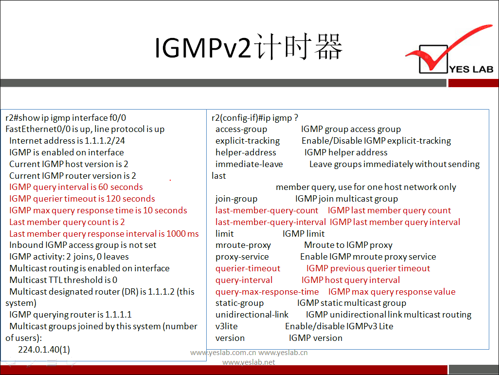 r2#show ip igmp interface f0/0 
FastEthernet0/0 is up, line protocol is up 
Internet address is 1.1.1.2/24 
'GMP is enabled on interface 
Current IGMP host version is 2 
Current IGMP router version is 2 
IGMP query interval is 60 seconds 
IGMP queriertimeout is 120 seconds 
IGMP max query response time is 10 seconds 
Last member query count is 2 
Last member query response interval is 1000 ms 
Inbound IGMP access group is not set 
IGMP activity: 2 joins, 0 leaves 
Multicast routing is enabled on interface 
Multicast TTL threshold is 0 
Multicast designated router (DR) is 1.1.1.2 (this 
system) 
IGMP querying router is 1.1.1.1 
Multicast groups joined by this system (number 
of users): 
224.0.1.40(1) 
r2(config-if)#ip igmp ? 
access-group 
explicit-tracking 
helper-address 
immediate-leave 
IGMP group access group 
Enable/Disable IGMP explicit-tracking 
IGMP helper address 
Leave groups immediately without sending 
last 
Join-group 
member query, use for one host network only 
IGMP join multicast group 
last-member-query-count IGMP last member query count 
last-member-query-interval IGMPlast member query interval 
limit 
mroute-proxy 
proxy-service 
querier-timeout 
query-interval 
'GMP limit 
Mroute to IGMP proxy 
Enable IGMP mroute proxy service 
IGMP previous queriertimeout 
IGMPhost query interval 
query-max-response-time IGMP max query response value 
static-group 
IGMP static multicast group 
unidirectional-link 'GMP unidirectional link multicast routing 
v31ite 
version 
Enable/disable IGMPv3 Lite 
'GMP version 
.yes a .com.cn www.yes a .cn 