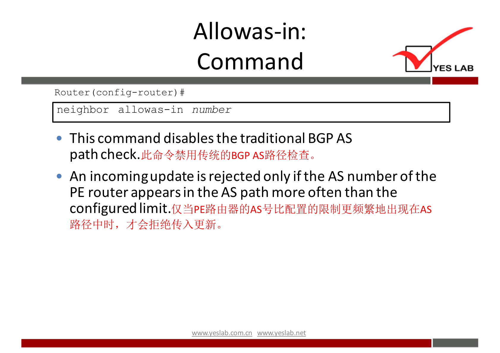 Allowas-in: 
Command 
Router (config—router) # 
neighbor allowas—in number 
This command disables the traditional BGP AS 
path check. 
YES LAB 
An incoming update is rejected only if the AS number of the 
PE router appears in the AS path more often than the 
configured 
wwwveslab net 