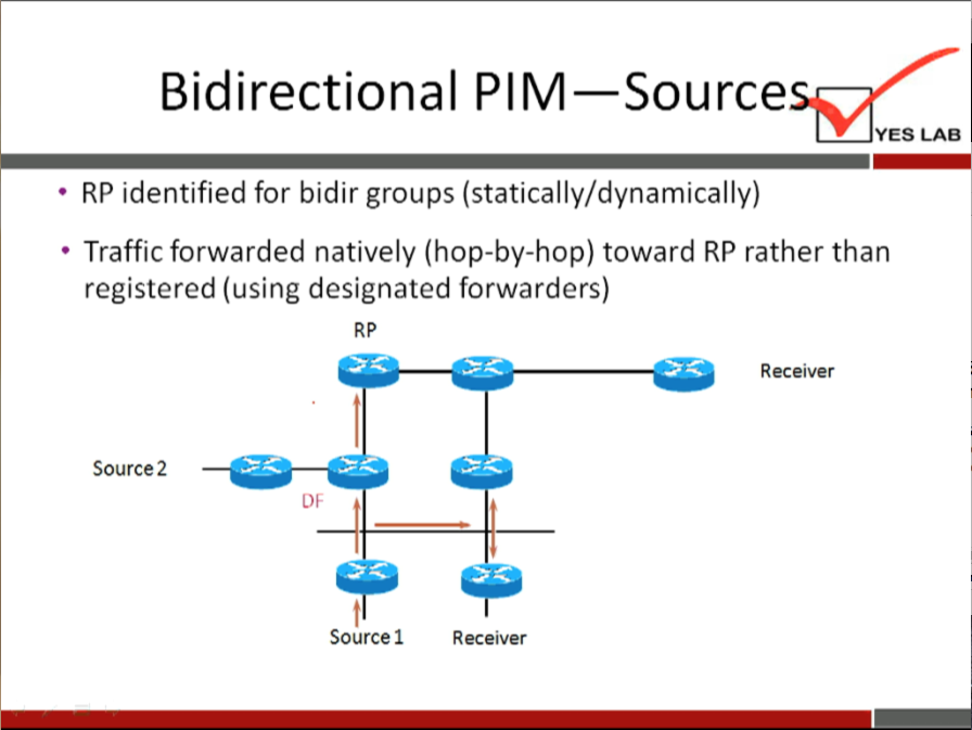 Bidirectional PIM—Source 
YES LAB 
• RP identified for bidir groups (statically/dynamically) 
• Traffic forwarded natively (hop-by-hop) toward RP rather than 
registered (using designated forwarders) 
Source 2 
Source I 
Receiver 
Receiver 