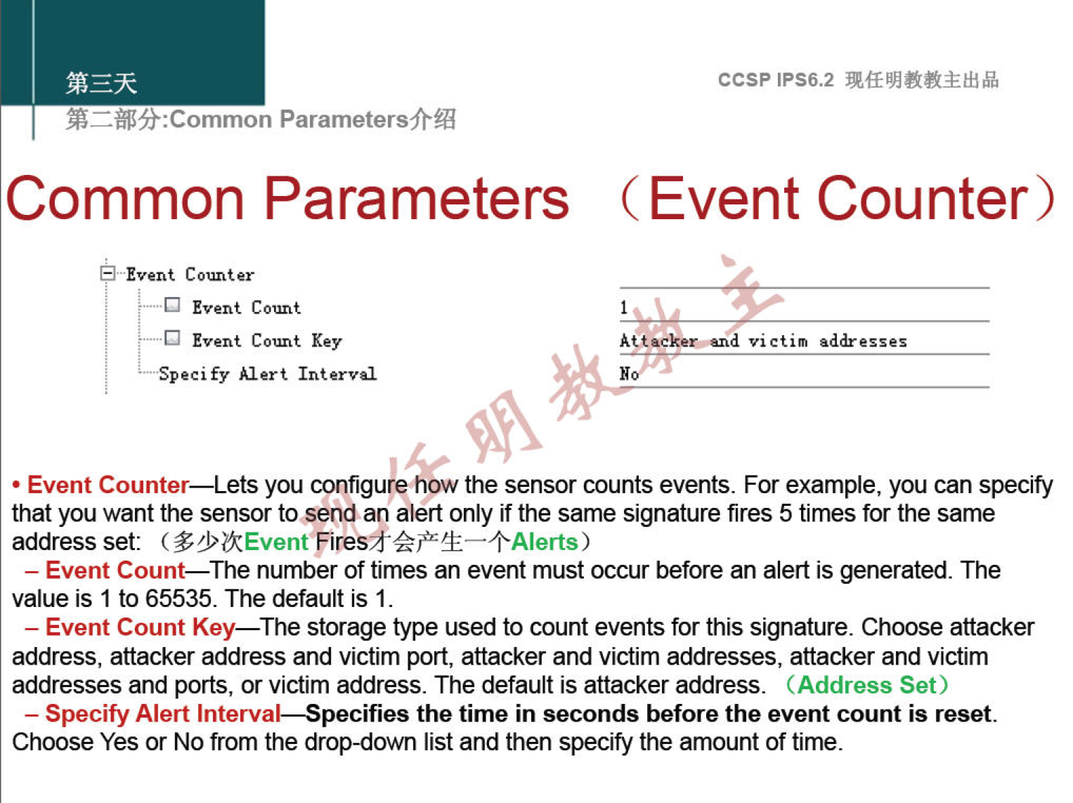 EWi:Common Parametersfr% Common Parameters (i" Event Count Event Count Event Count Key Specify Alert Interval ccsp IPS6.2 Event Counter) victim addresses • Event Counter—Lets you configu how the sensor counts events. For example, you can specify that you want the sensor to send an alert only if the same signature fires 5 times for the same address set: — Event Count—The number of times an event must occur before an alert is generated. The value is 1 to 65535. The default is 1. — Event Count Key—The storage type used to count events for this signature. Choose attacker address, attacker address and victim port, attacker and victim addresses, attacker and victim addresses and ports, or victim address. The default is attacker address. (Address Set) — Specify Alert Interval—Specifies the time in seconds before the event count is reset. Choose Yes or No from the drop-down list and then specify the amount of time. 