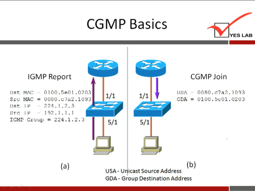 CGMP Basics 
IGMP Report 
MAC - 0100.5e01.om.3 
sec = oooo.c7a2.1093 
224.1.2.3 
192.1. 1.1 
grc IP 
croup = 224.1.2.3 
(a) 
1/1 
5/1 
GDA- 
1/1 
5/1 
YES LAB 
CGMP Join 
- 0090.c7a2.1093 
CDA = OlOO.Se01.0203 
(b) 
USA- icast Source Address 
Group Destination Address 